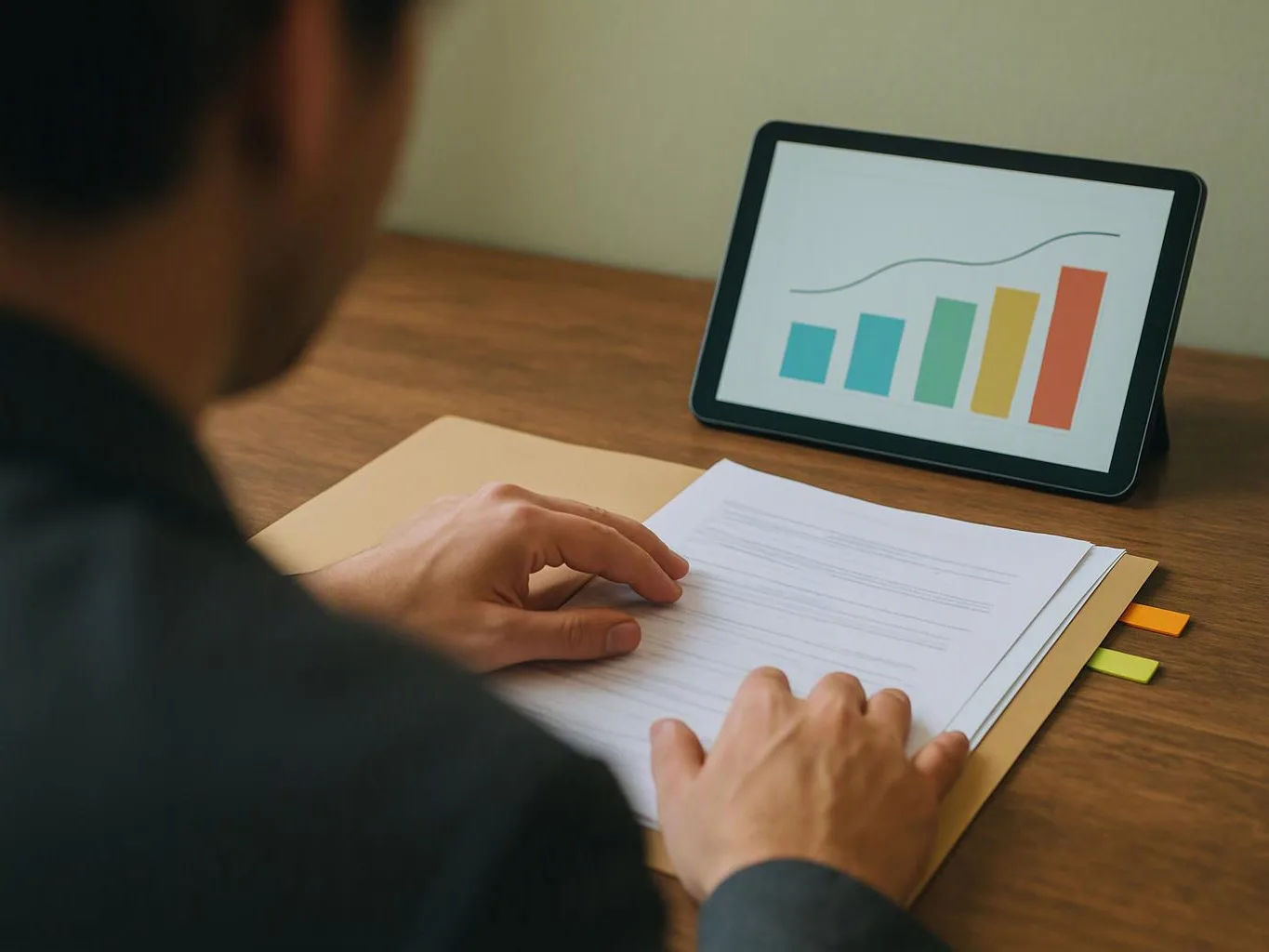 A person reviews papers at a desk beside a tablet showing a rising bar chart