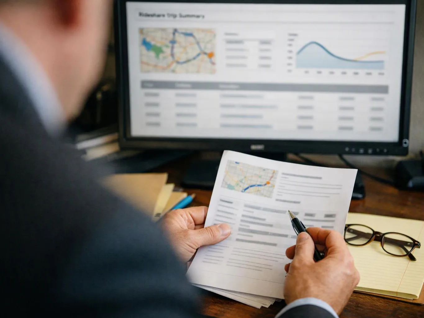 A person reviews a printed report beside a monitor showing a map and line chart on a desk