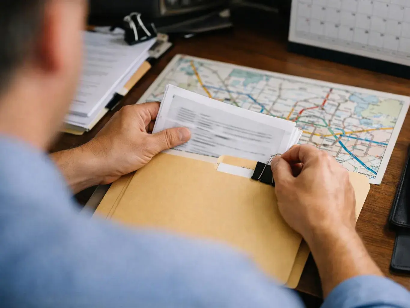 A person sorts papers in a folder on a desk beside a printed map and a calendar