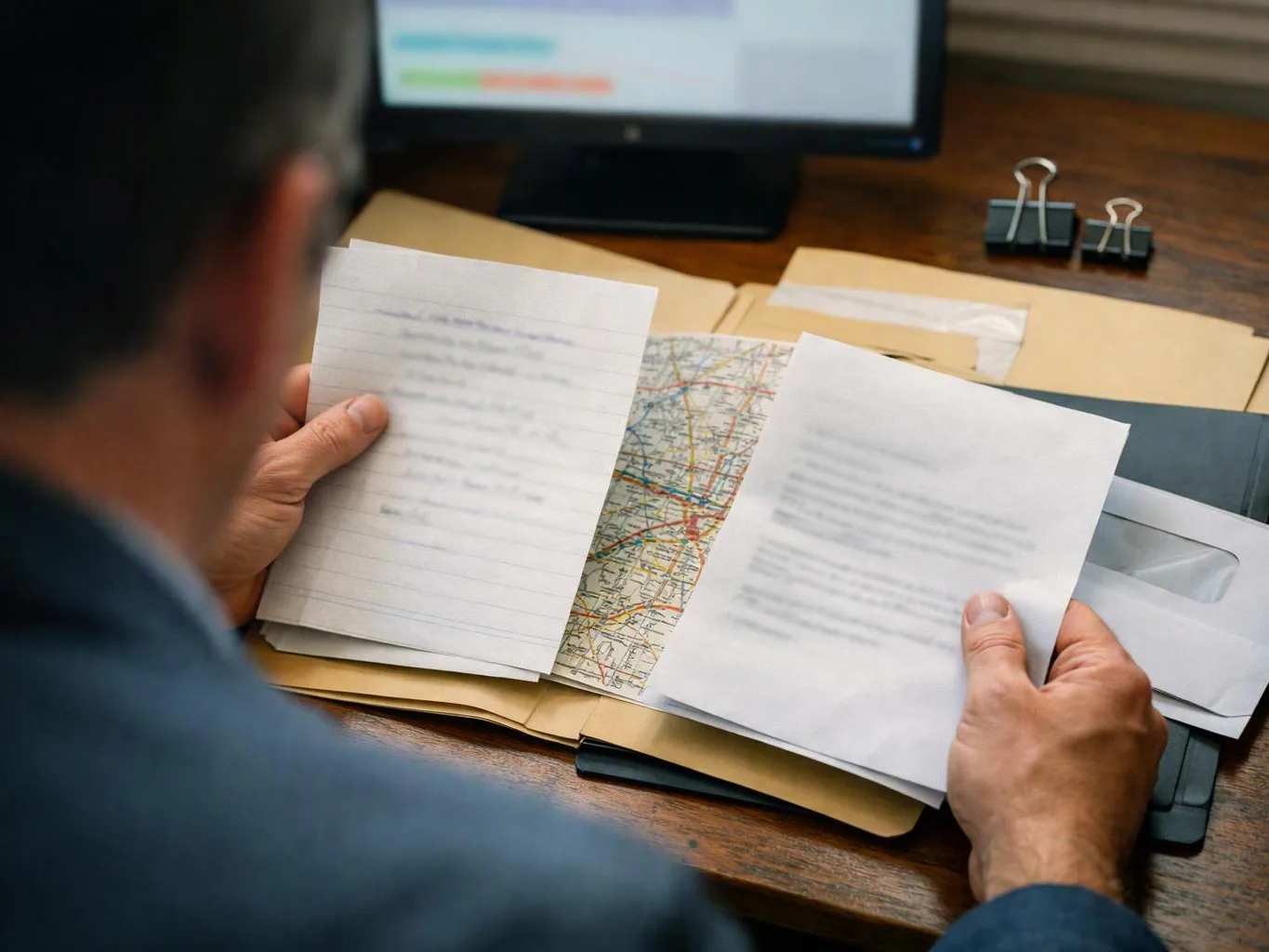 A person sorts papers and a map on a wooden desk beside a computer monitor