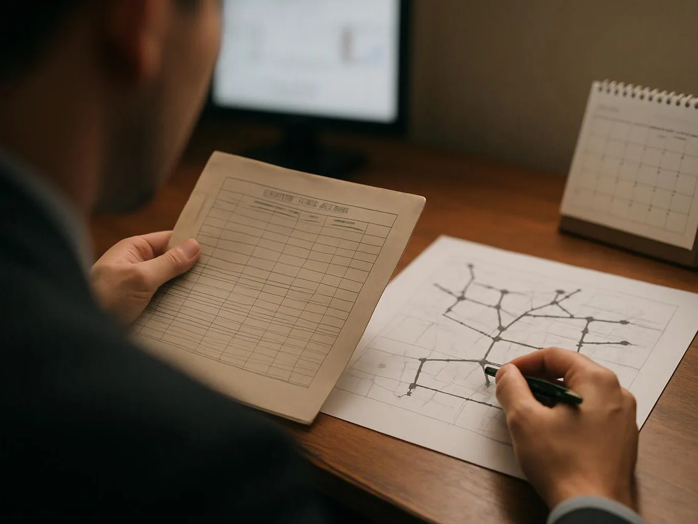 A person studies a paper map and sketches routes on a desk beside a calendar and monitor
