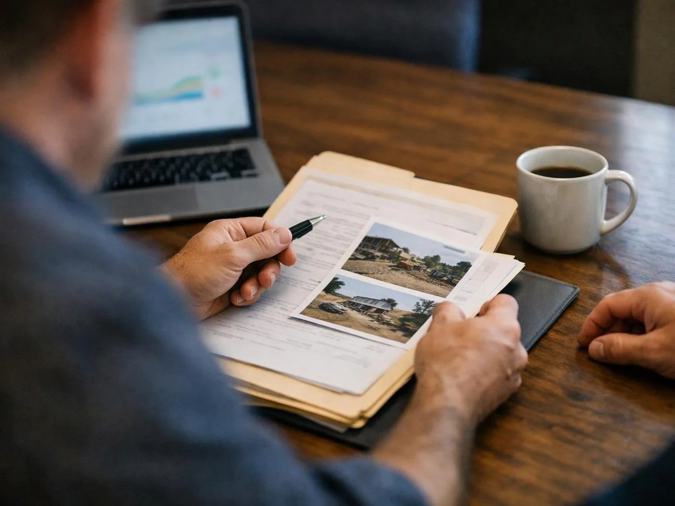 A person studies printed paperwork with small photos beside a laptop and a cup of coffee on a wooden table