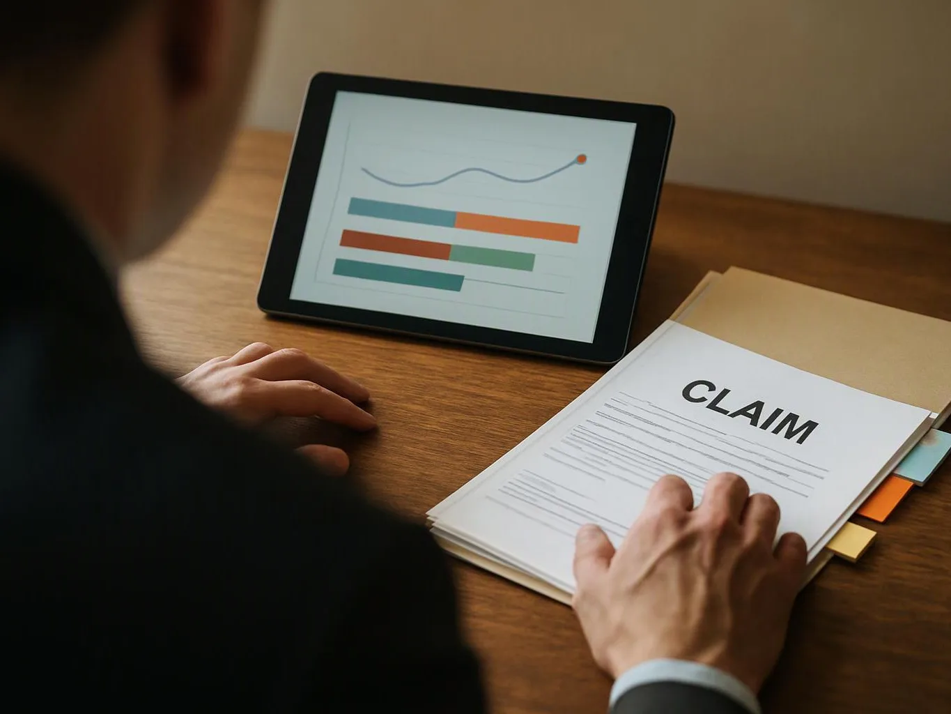 A person studies a tablet chart and a paper file labeled "CLAIM" on a wooden desk