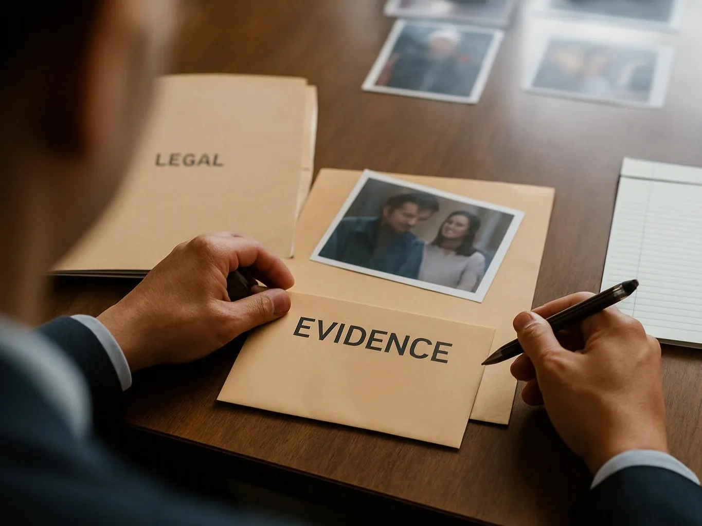 A person in a suit arranges legal folders and photo evidence on a wooden table while holding a pen