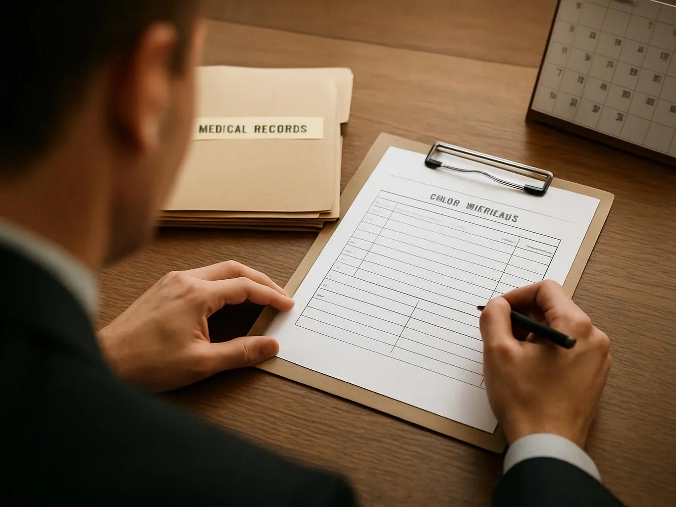 A person in a suit fills out a clipboard form beside a stack labeled medical records on a wooden desk