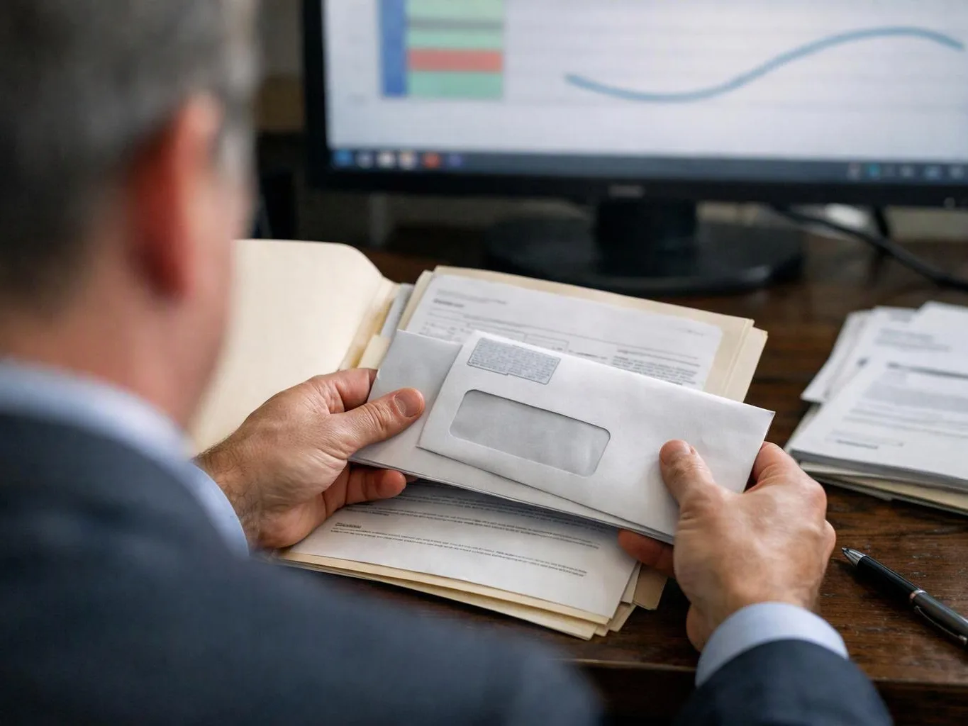 A person in a suit holds a large envelope over open paperwork at a desk with a computer monitor behind them