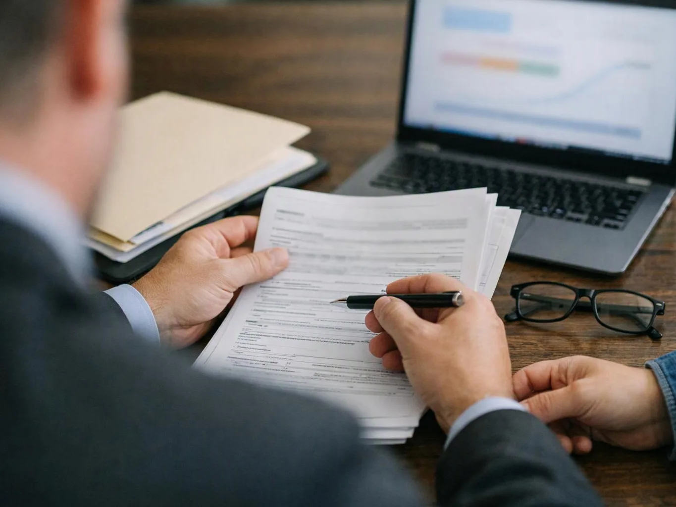 A person in a suit reviews paperwork with a pen beside a laptop and eyeglasses on a wooden desk