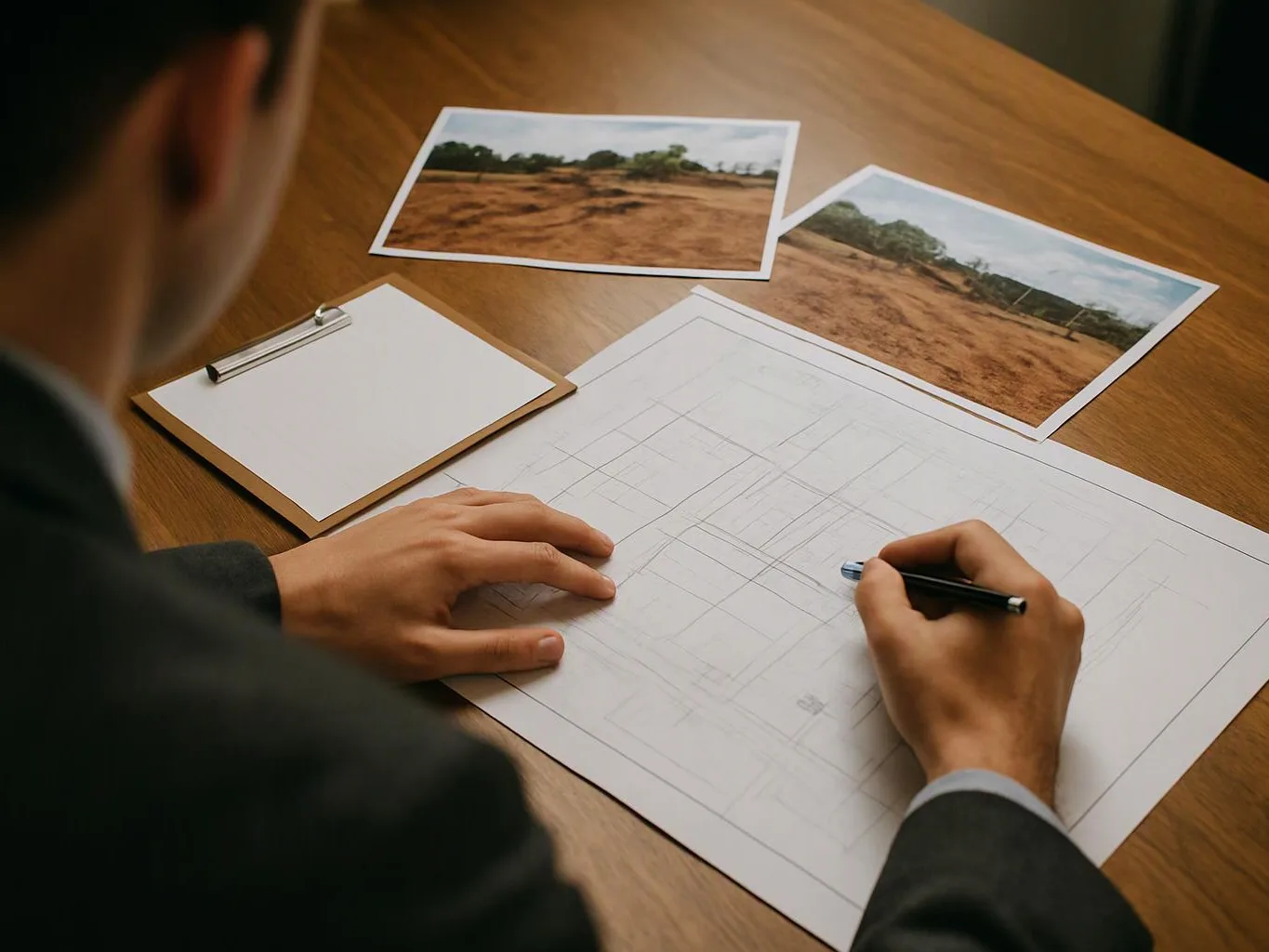 A person in a suit sketches a building plan on paper beside two landscape photos and a clipboard on a wooden table