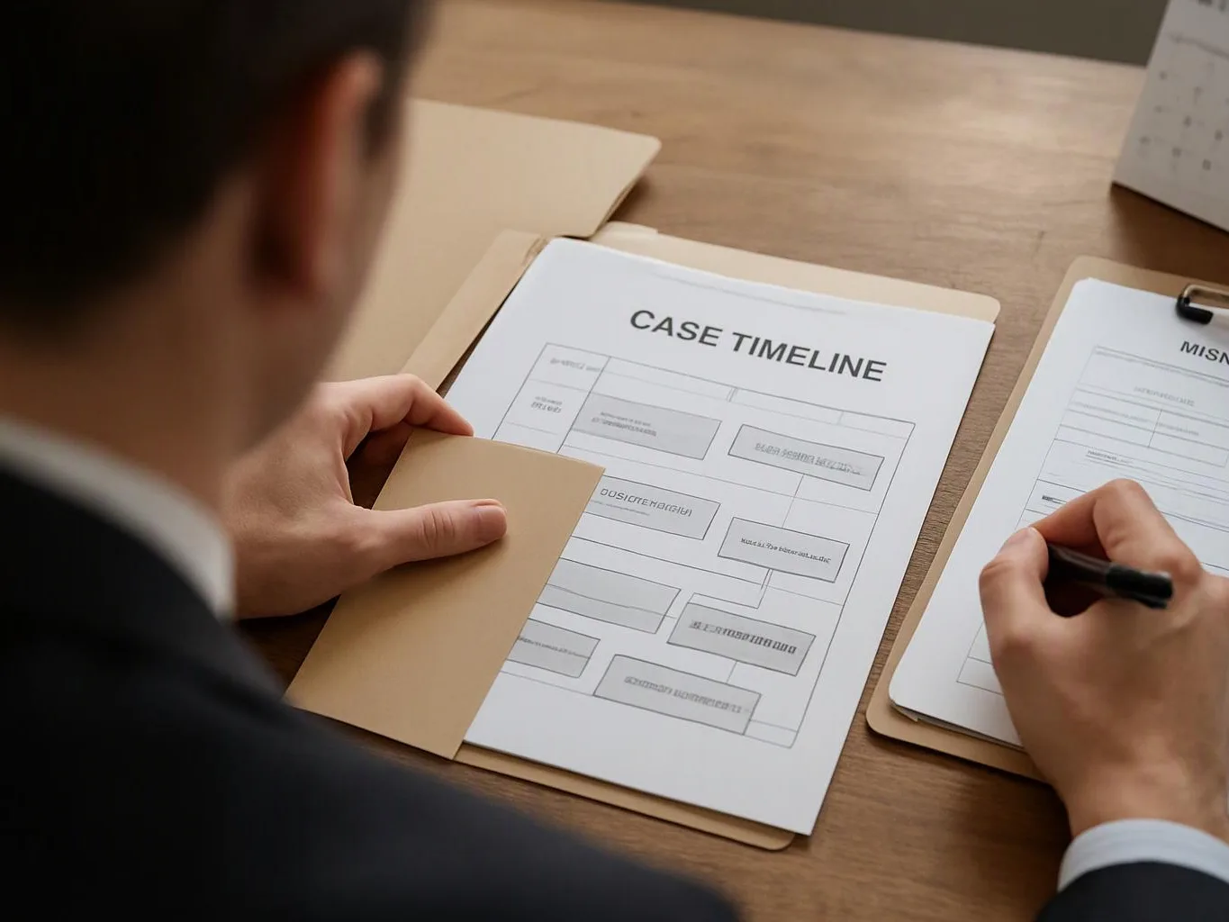 A person in a suit writes on a clipboard beside a folder labeled "CASE TIMELINE" at a wooden desk