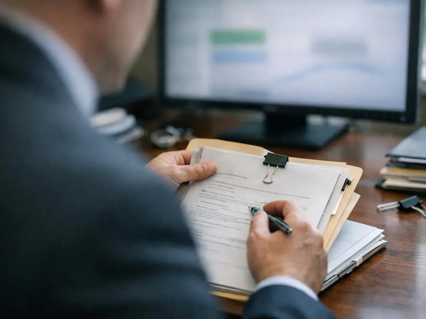 A person in a suit writes on a clipped document at a desk with a blurred computer monitor behind them