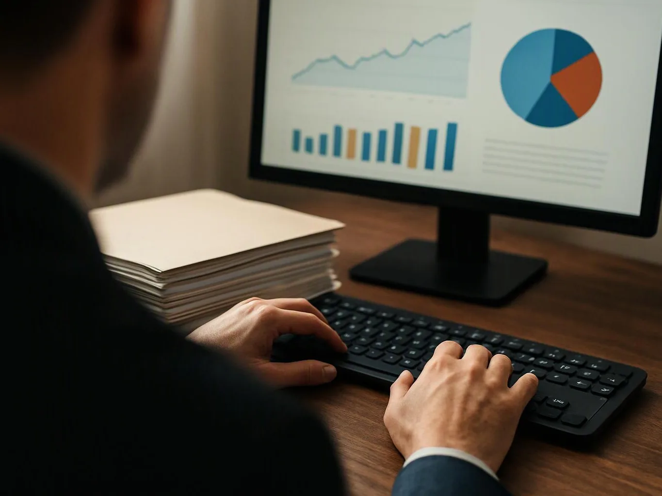 A person types at a desk beside stacked papers while a monitor shows charts and graphs
