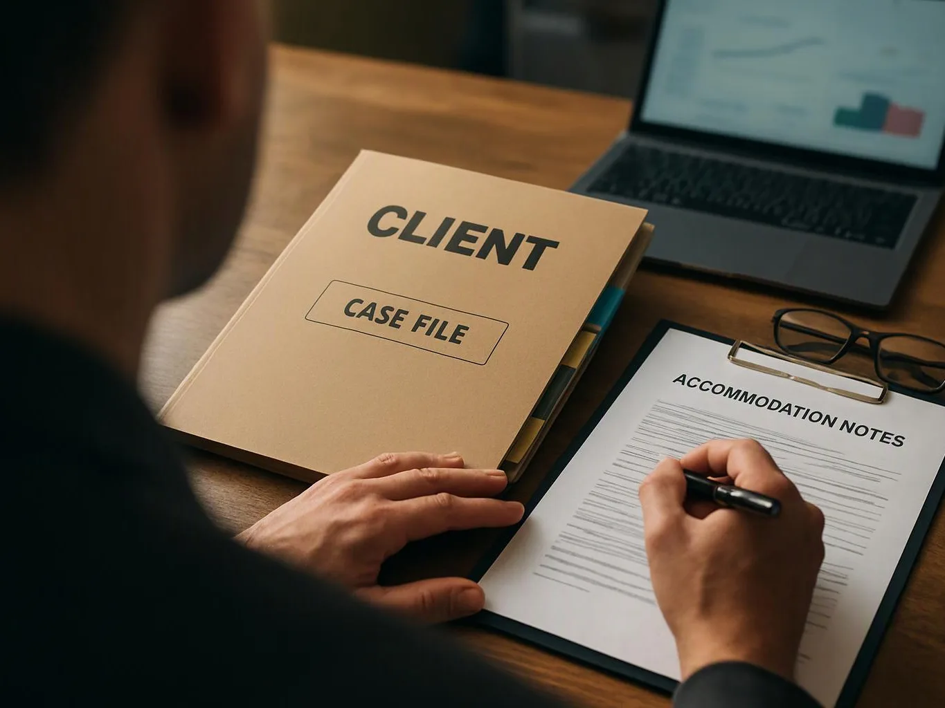 A person writes on an accommodation notes form beside a client case file and laptop on a desk