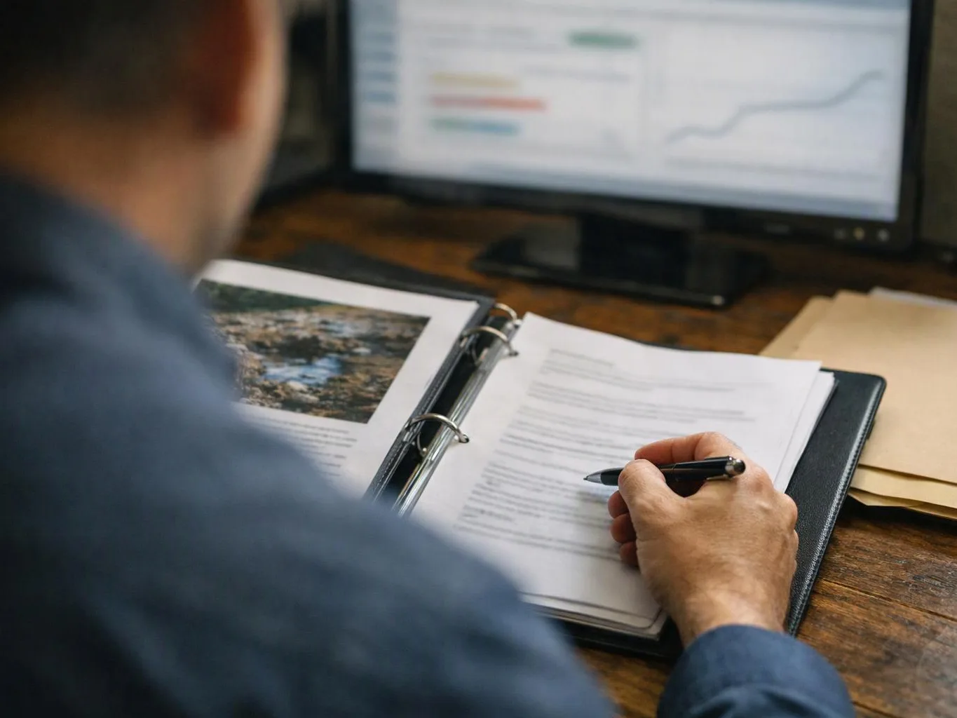 A person writes in a binder at a desk while a blurry monitor shows charts in the background