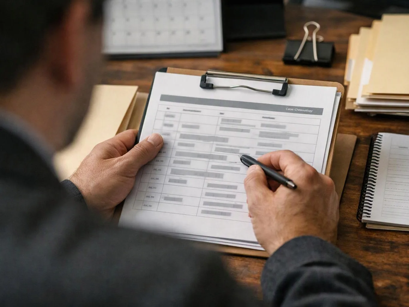 A person writes on a clipboard with a case chronology sheet at a wooden desk