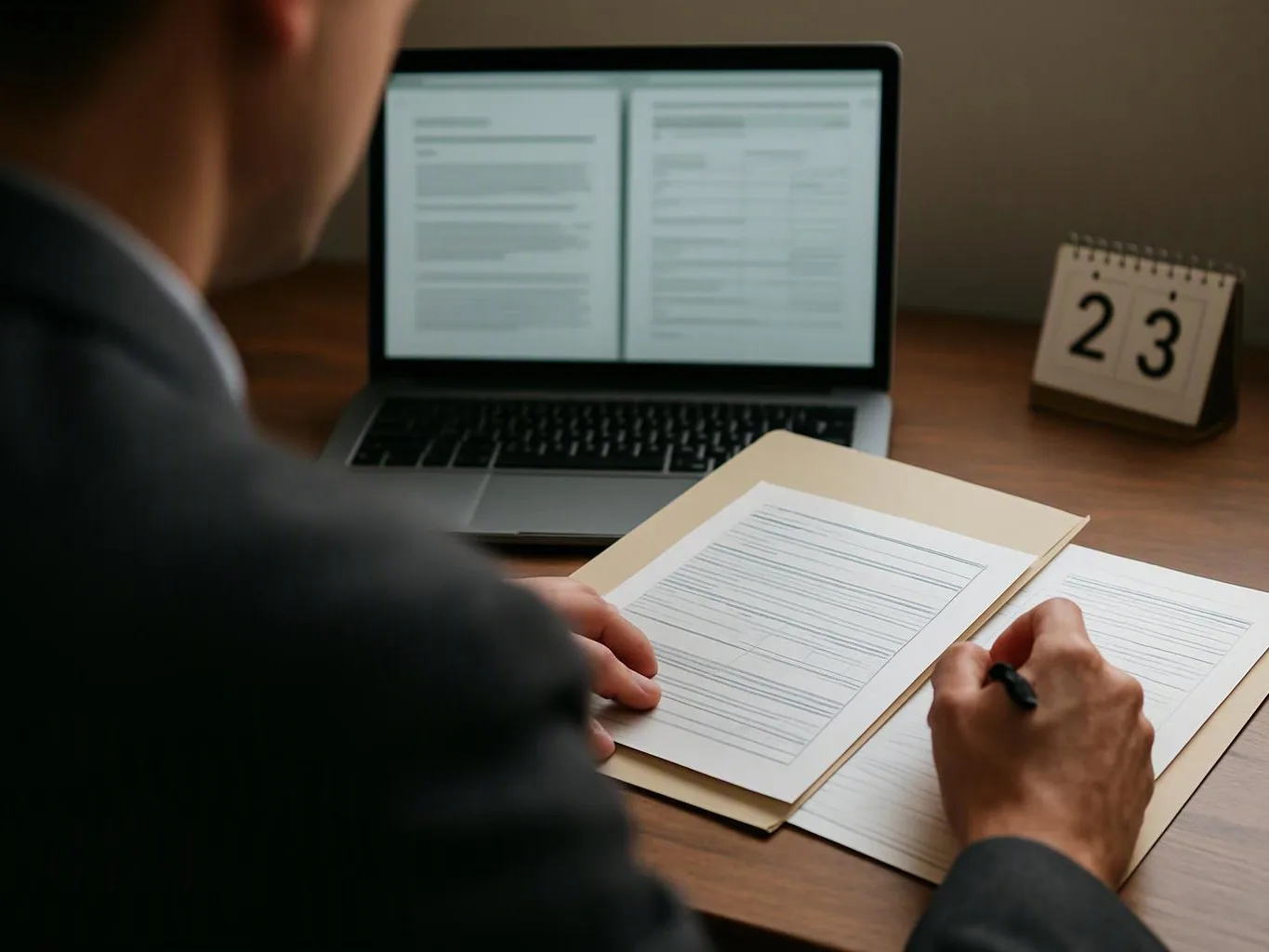 A person writes on forms at a desk beside a laptop and a desk calendar showing 23