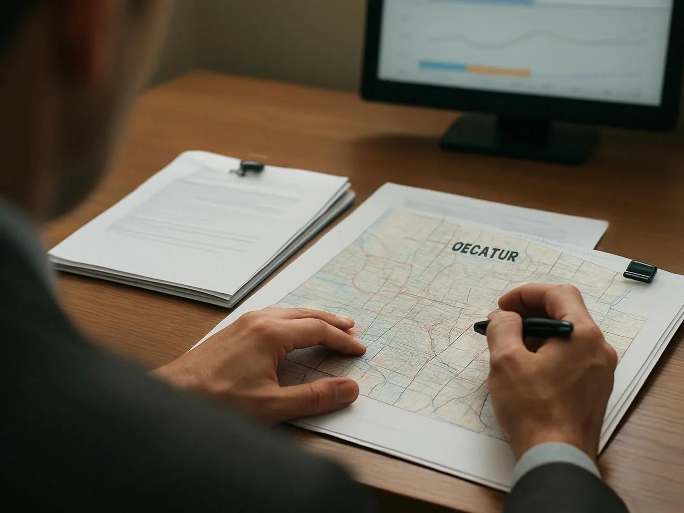 A person writes on a map printout at a wooden desk with papers and a monitor nearby