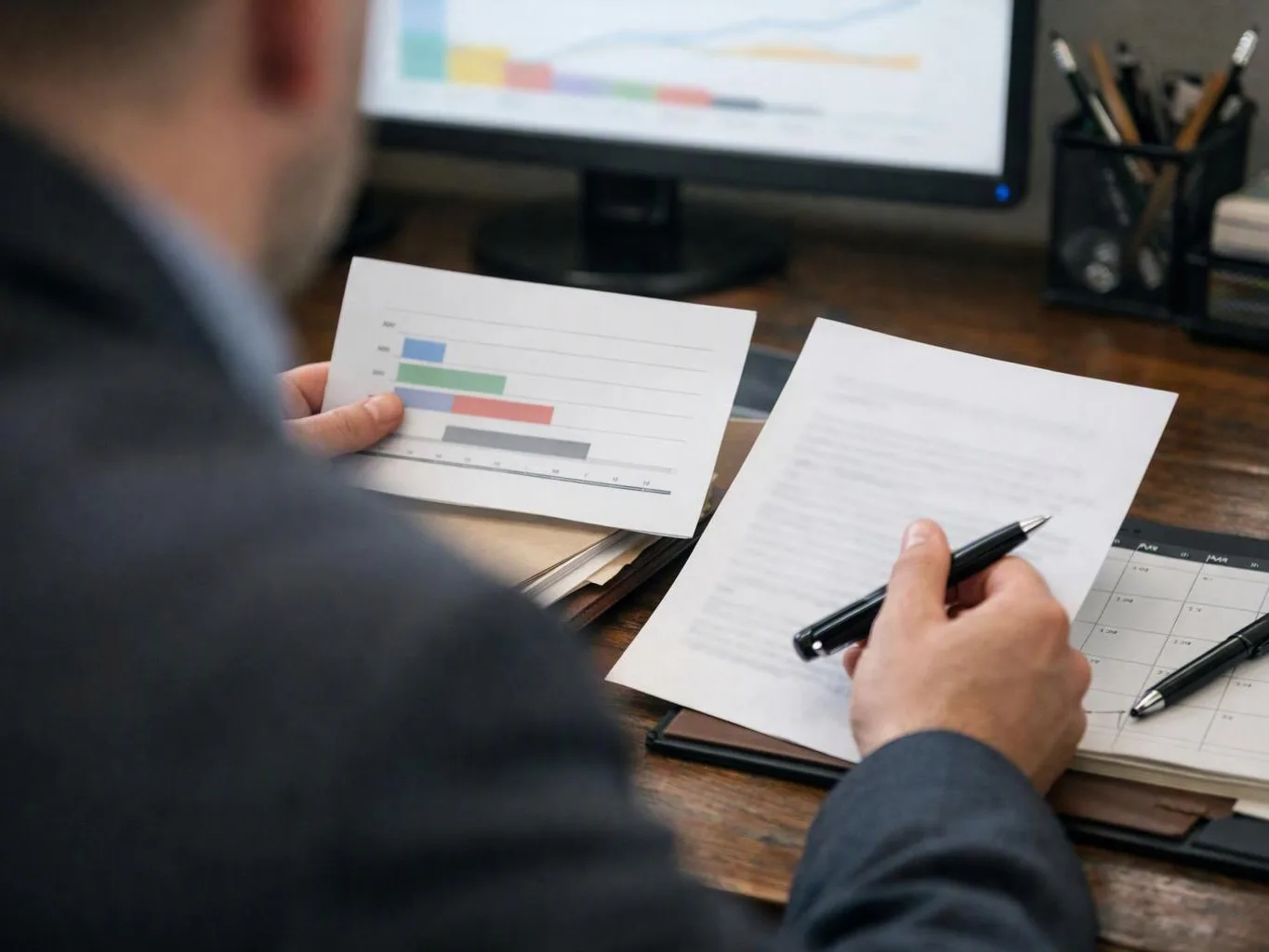 A person writes on a paper while holding a chart at a desk with a computer monitor in the background