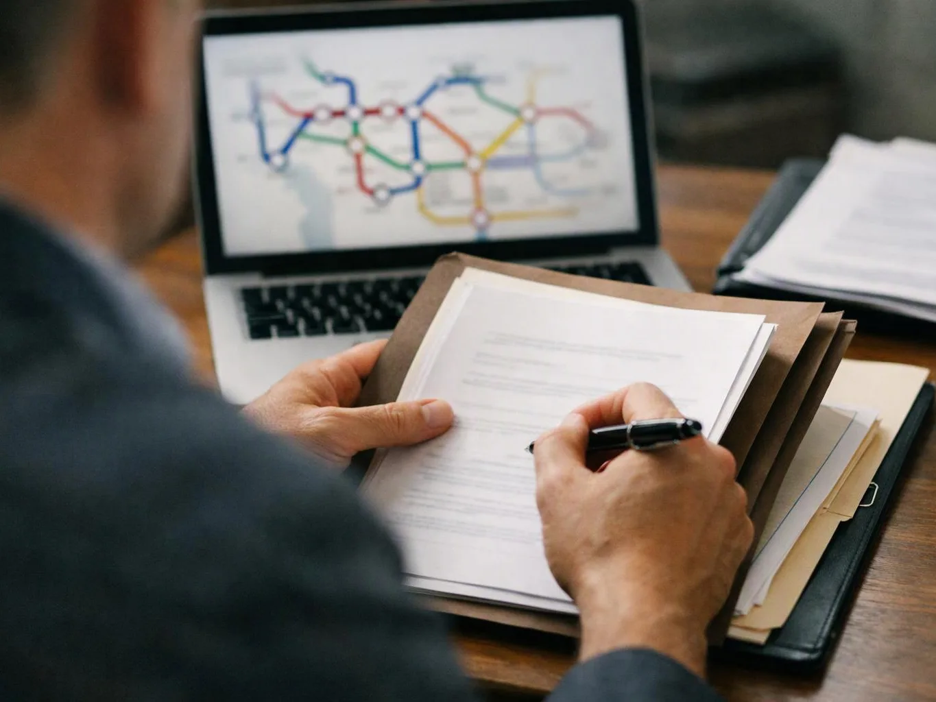 A person writes on papers beside a laptop showing a colorful transit map