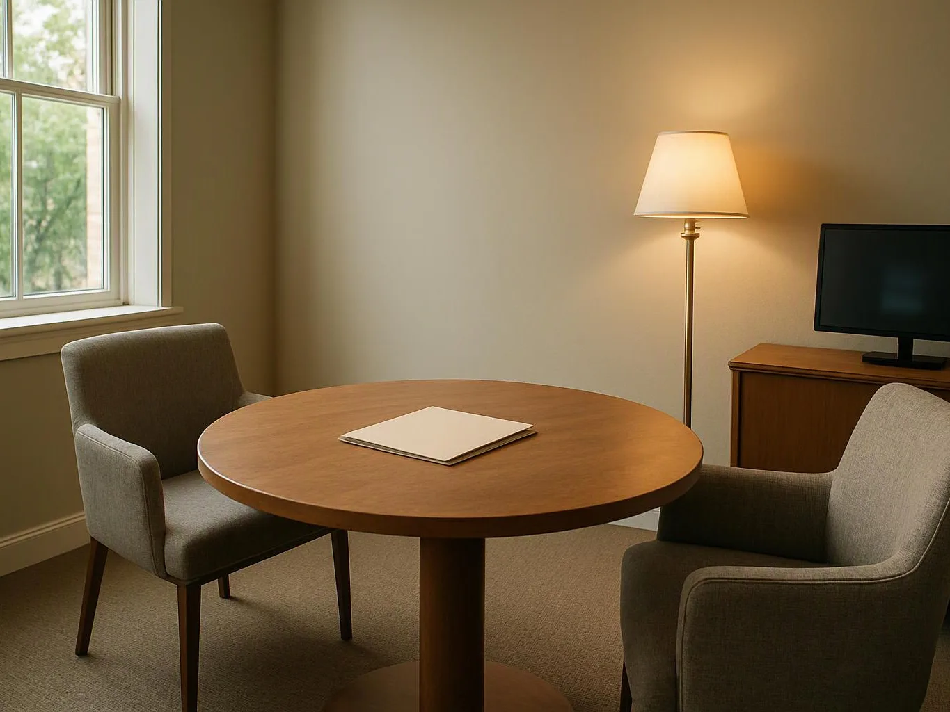A small meeting room has two gray chairs, a round wooden table, a lamp, a TV, and a window