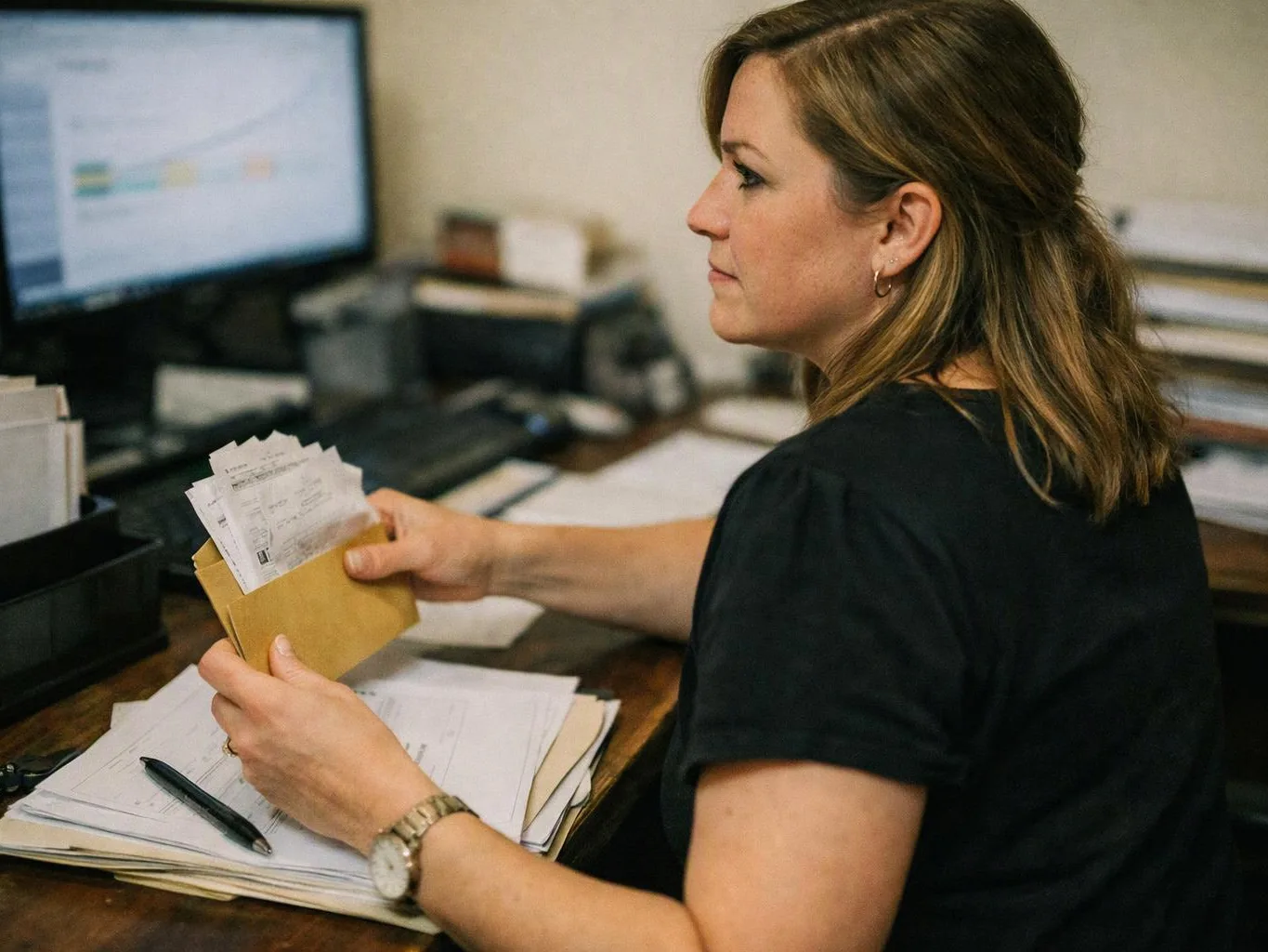 A woman at a desk sorts papers from a small envelope beside a computer monitor