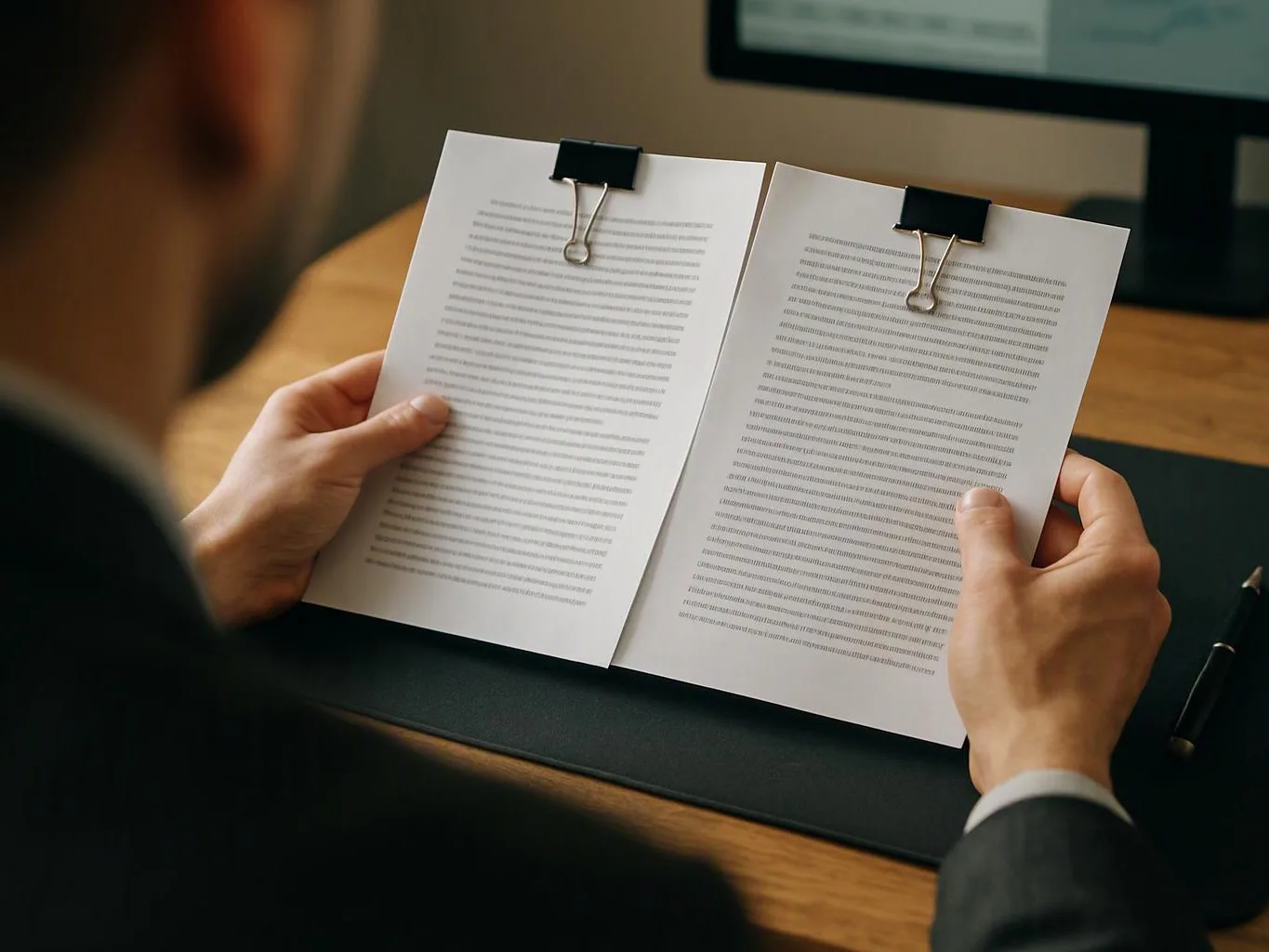 A person in a suit holds two clipped pages of dense text over a desk