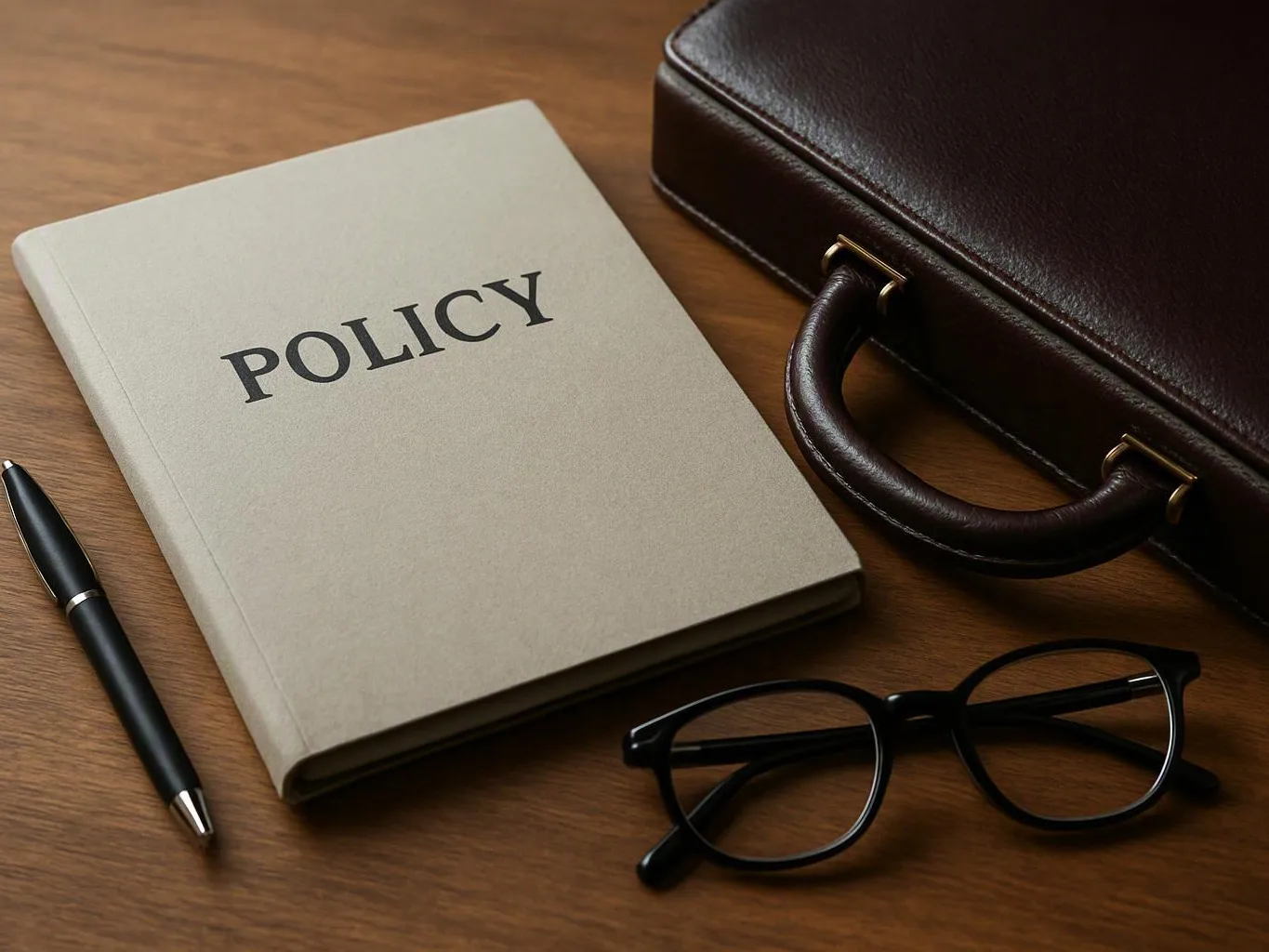 A policy book, pen, glasses, and leather briefcase sit on a wooden desk