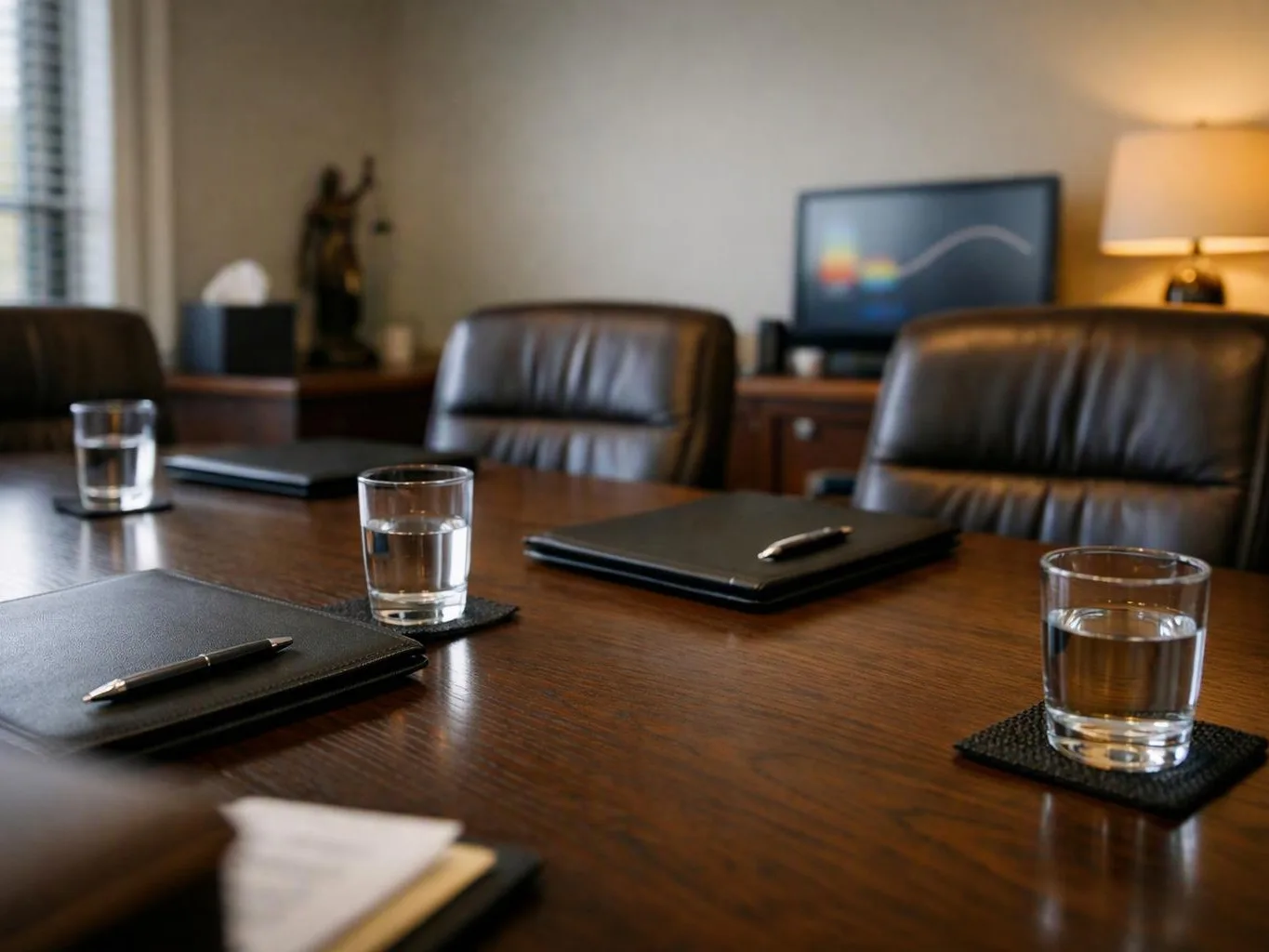 A quiet conference room shows a wooden table with water glasses, notebooks, and pens ready for a meeting