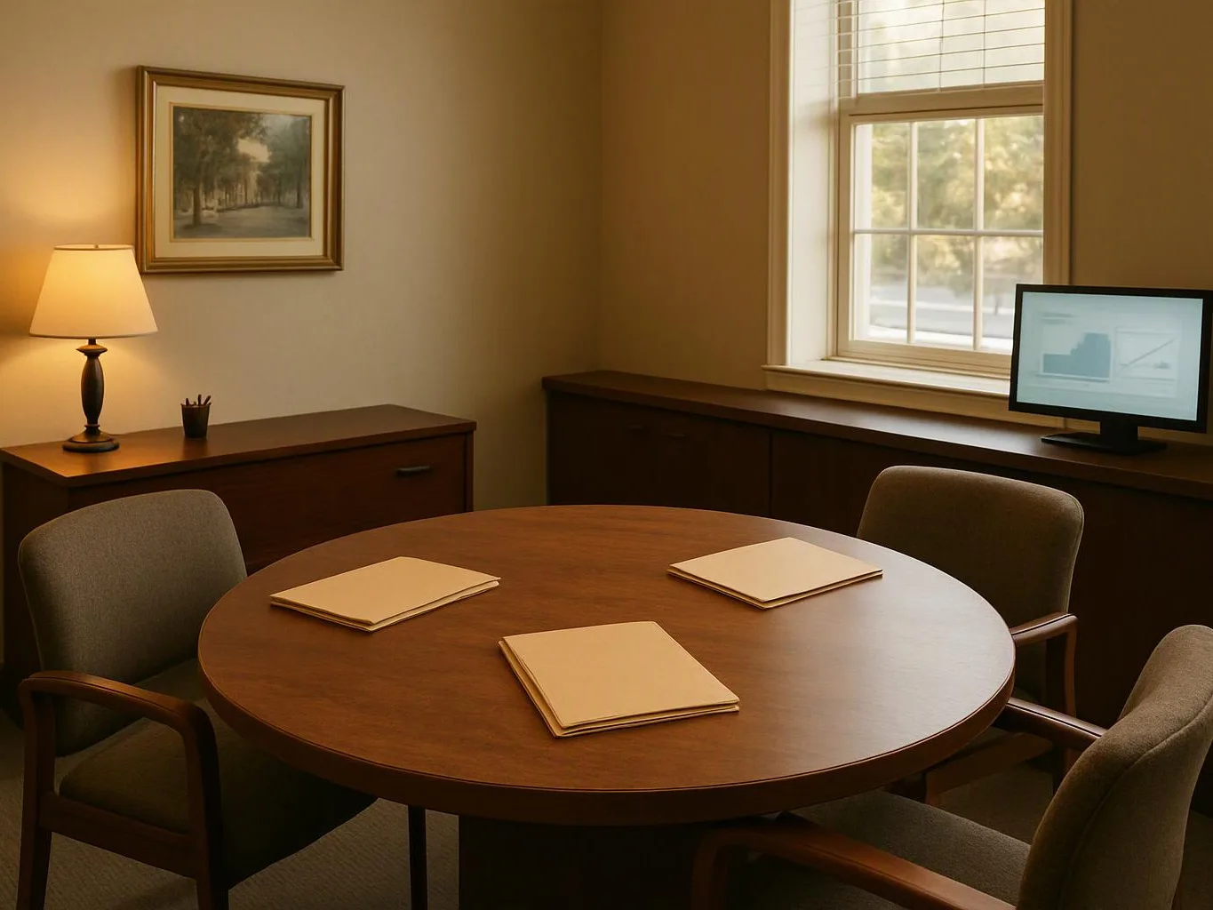 A quiet meeting room has a round table, four chairs, a lamp, a window, and a monitor with folders on the table