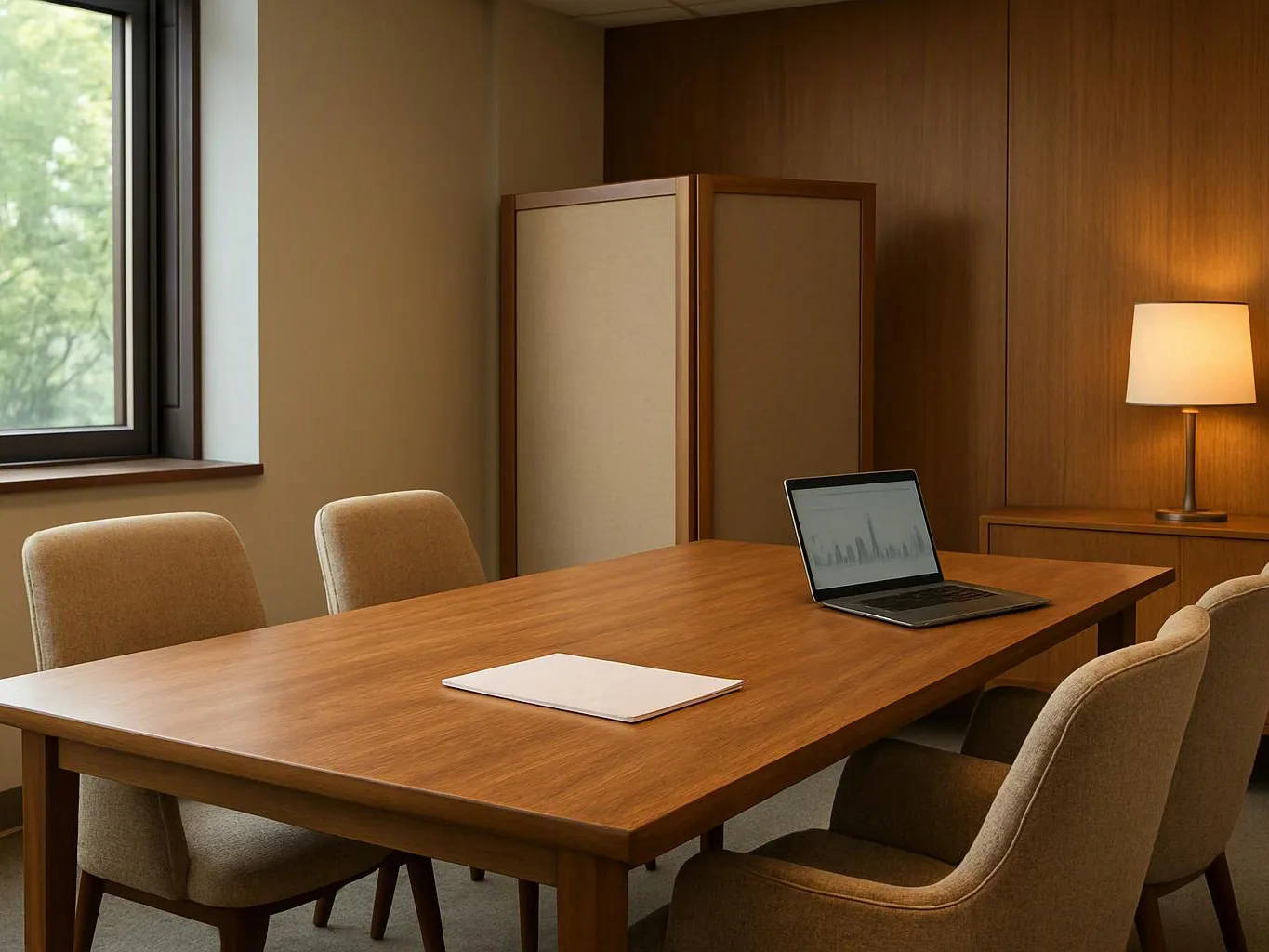 A quiet meeting room has a wooden table, four chairs, a laptop, a folder, and a glowing lamp