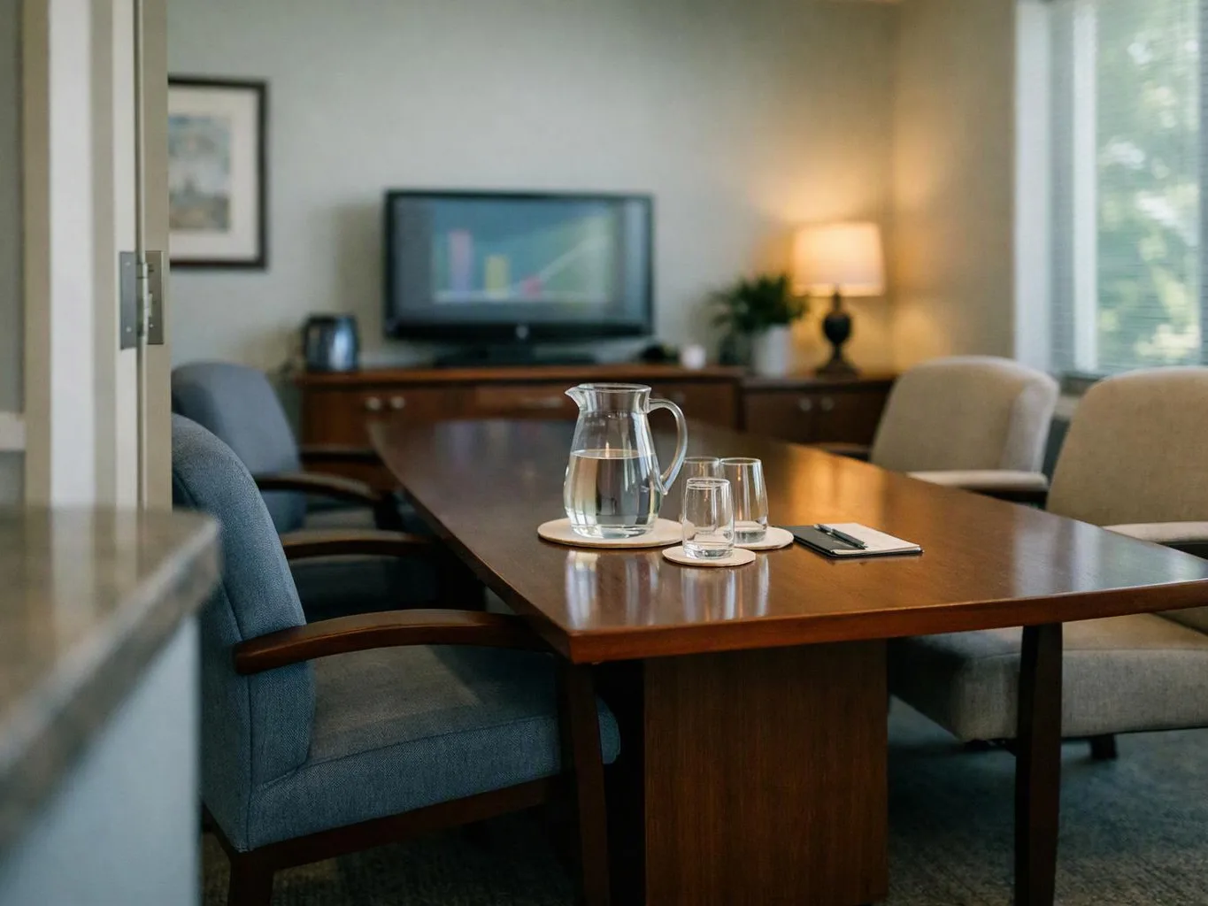 A quiet meeting room holds a wooden table with a water pitcher, glasses, and notepads, with chairs and a TV nearby