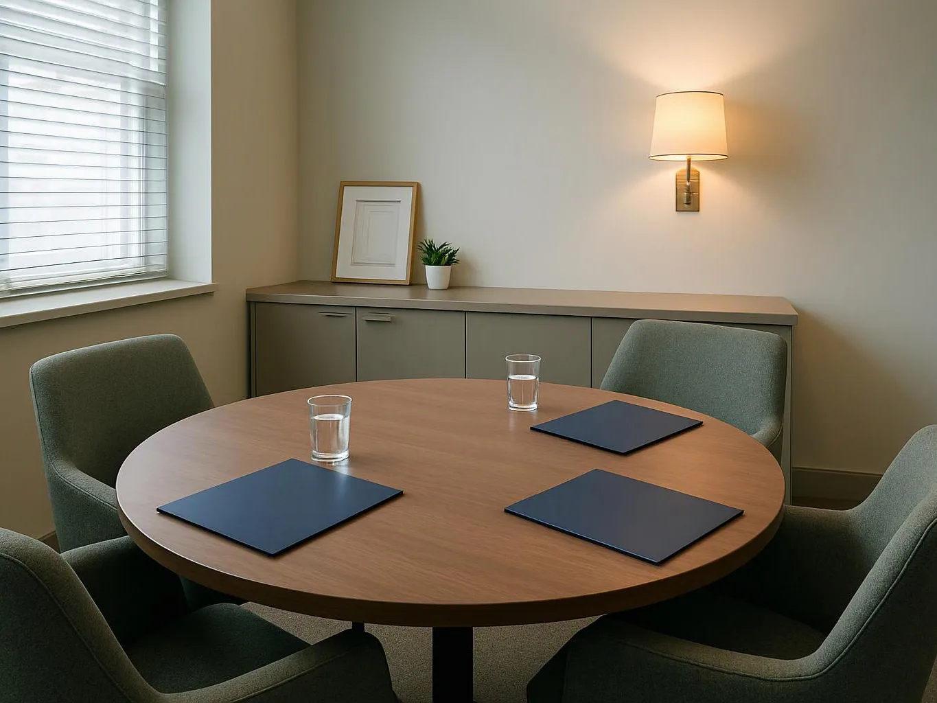 A quiet meeting room with a round table, four chairs, water glasses, folders, and a wall lamp