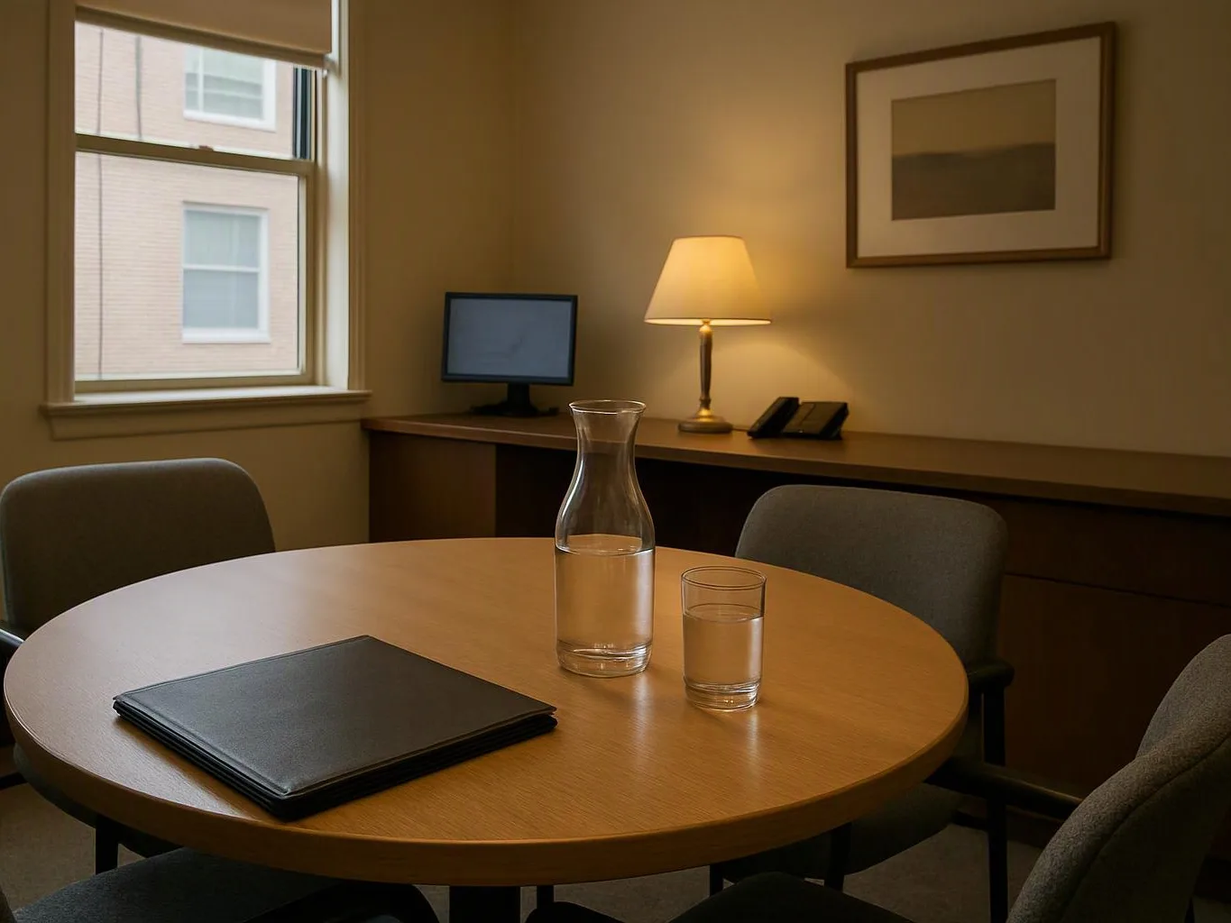 A quiet meeting room shows a round table with a water carafe, glass, folder, chairs, lamp, and monitor
