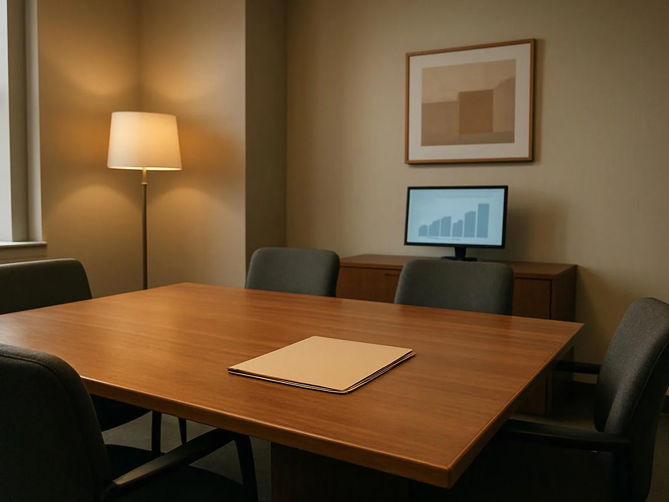 A quiet meeting room shows a wooden table, dark chairs, a floor lamp, framed art, and a monitor with a bar chart