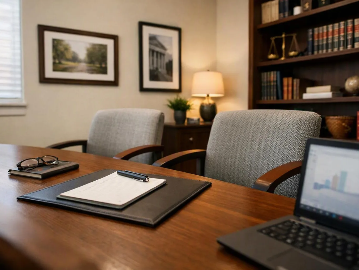 A quiet office conference table holds a notepad, glasses, and a laptop in a warm meeting room