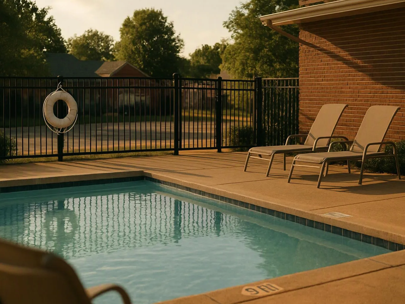 A quiet outdoor pool sits beside two lounge chairs, a black fence, and a brick wall in warm evening light