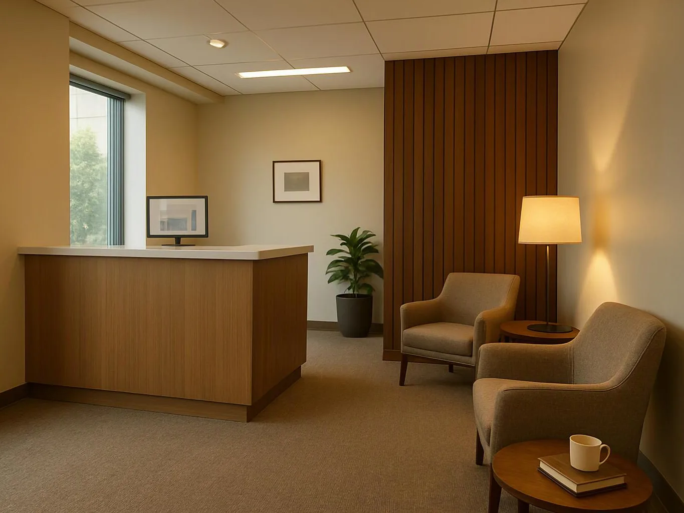 A quiet reception area shows a wood desk, two armchairs, a floor lamp, and a potted plant