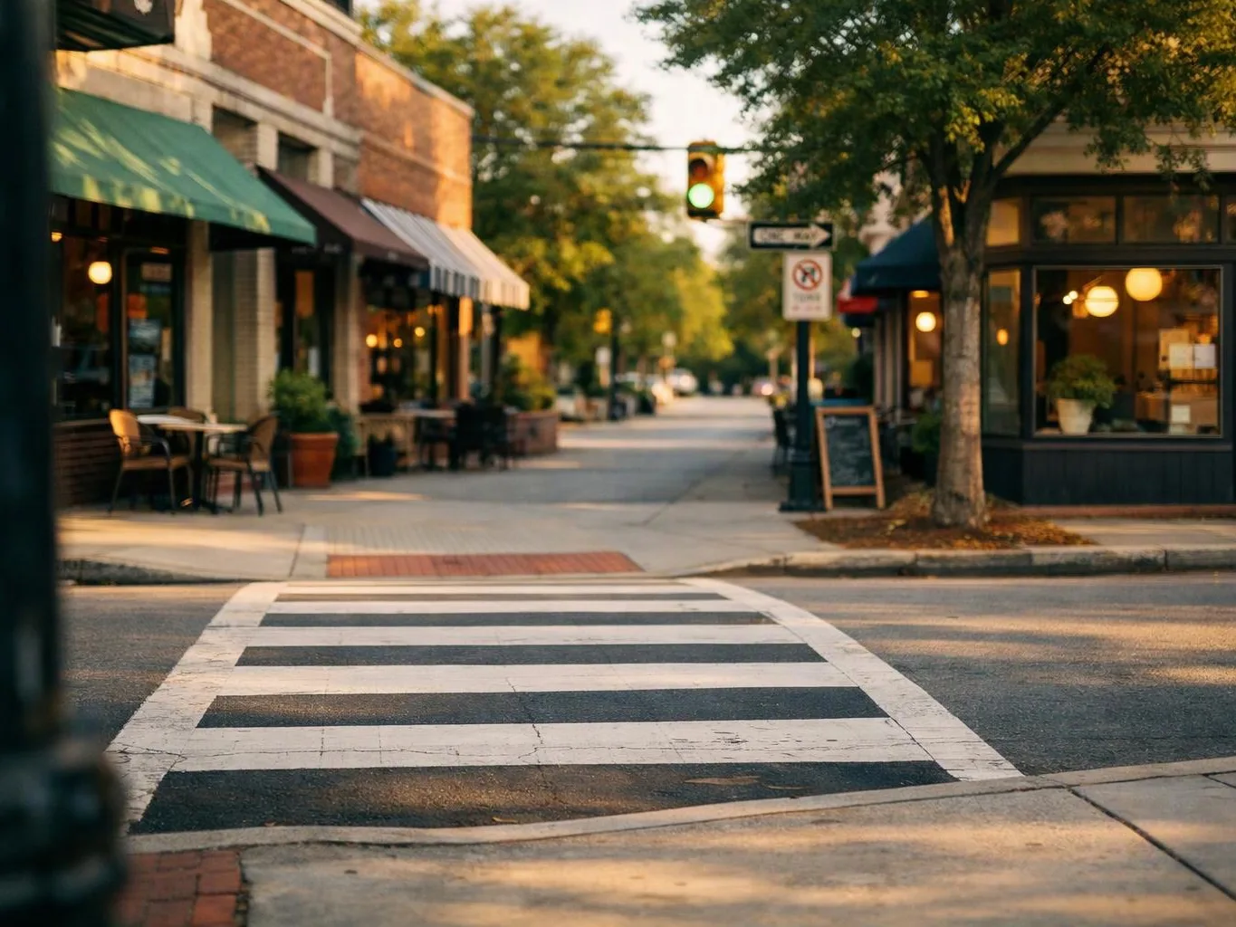 A quiet street crosswalk runs past storefronts and trees under a green traffic light
