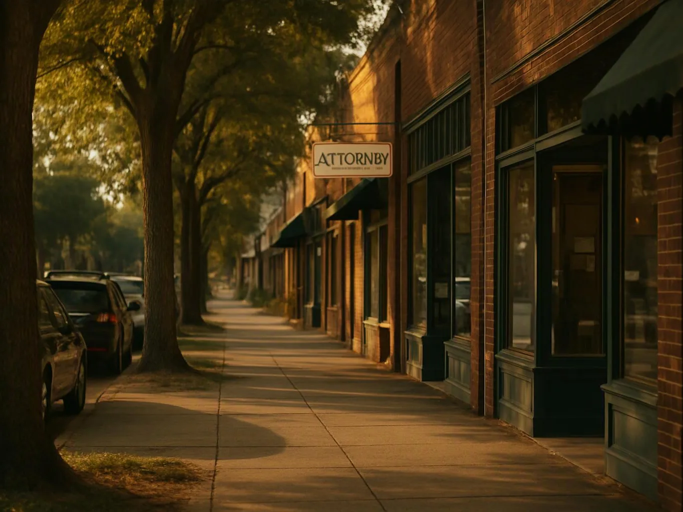 A quiet tree-lined sidewalk runs past brick storefronts, parked cars, and a hanging sign reading “ATTORNEY”
