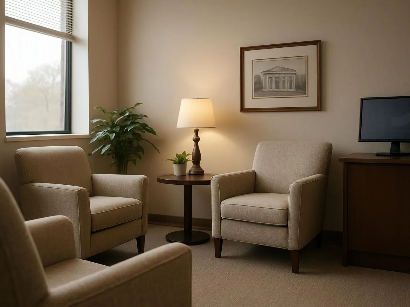 A quiet waiting room has beige chairs, a lamp, a potted plant, a framed picture, and a TV