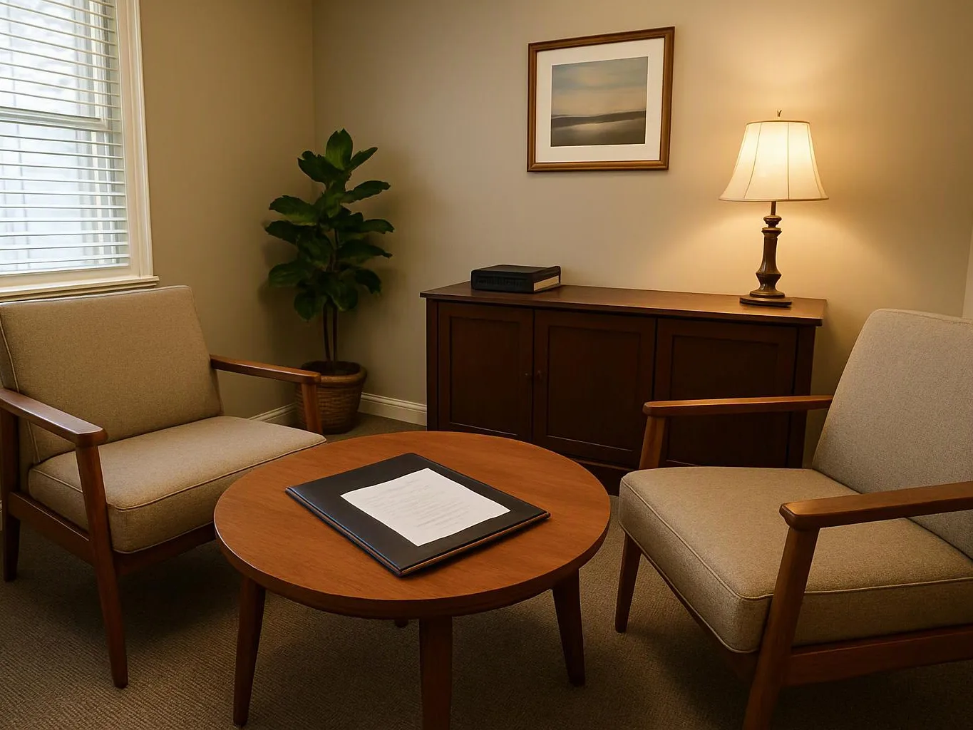 A quiet waiting room has two beige chairs, a round table, a lamp, a plant, and framed wall art
