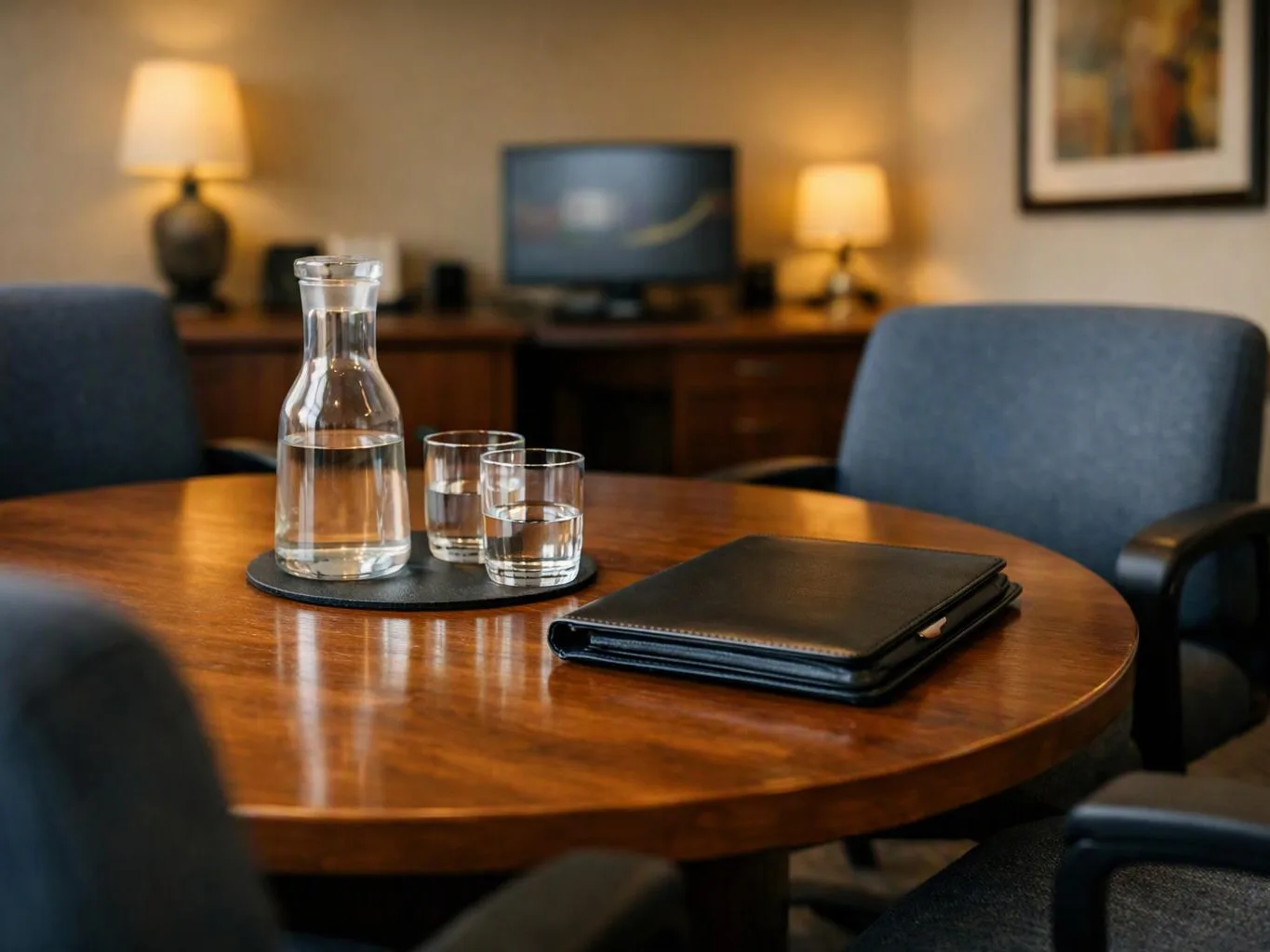 A round wooden table holds a water carafe, two glasses, and a black folder in a quiet office room