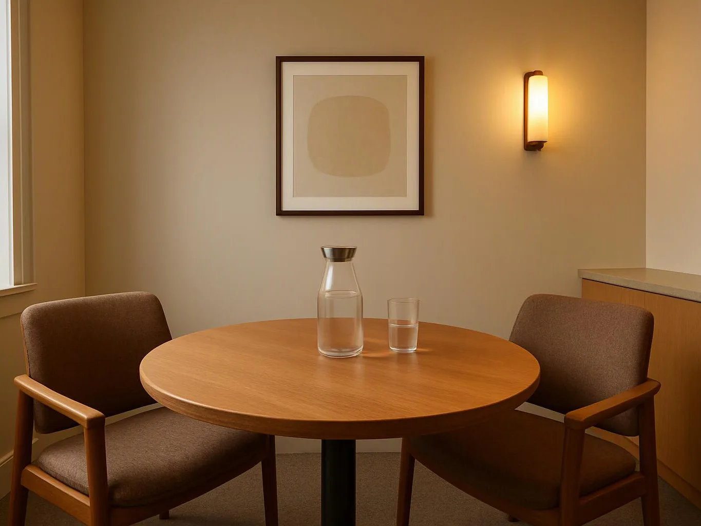 A round wooden table with two chairs sits in a warm, empty room, with a water carafe and glass on top