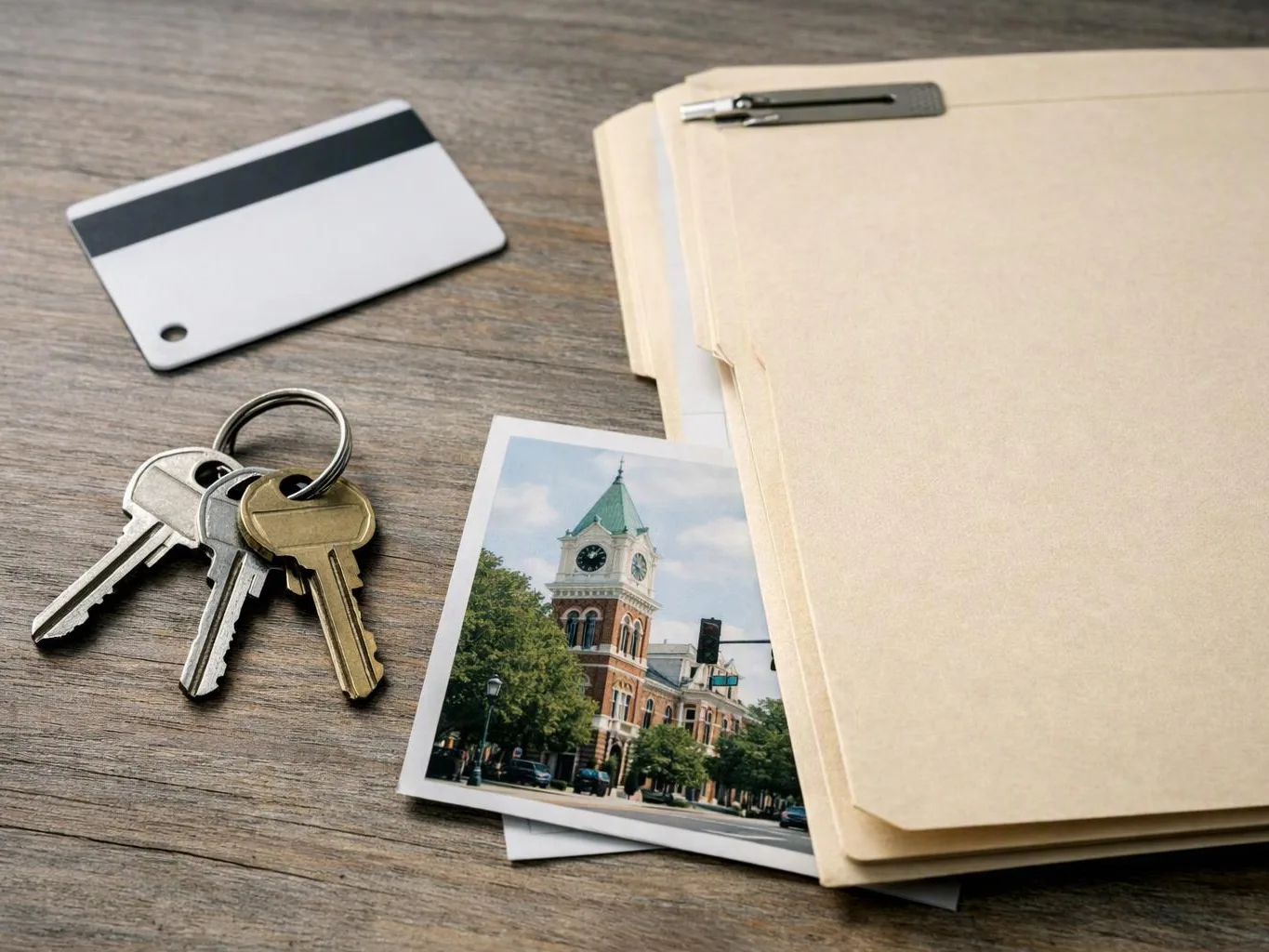 A set of keys, a blank card, a photo, and clipped folders sit on a wooden desk