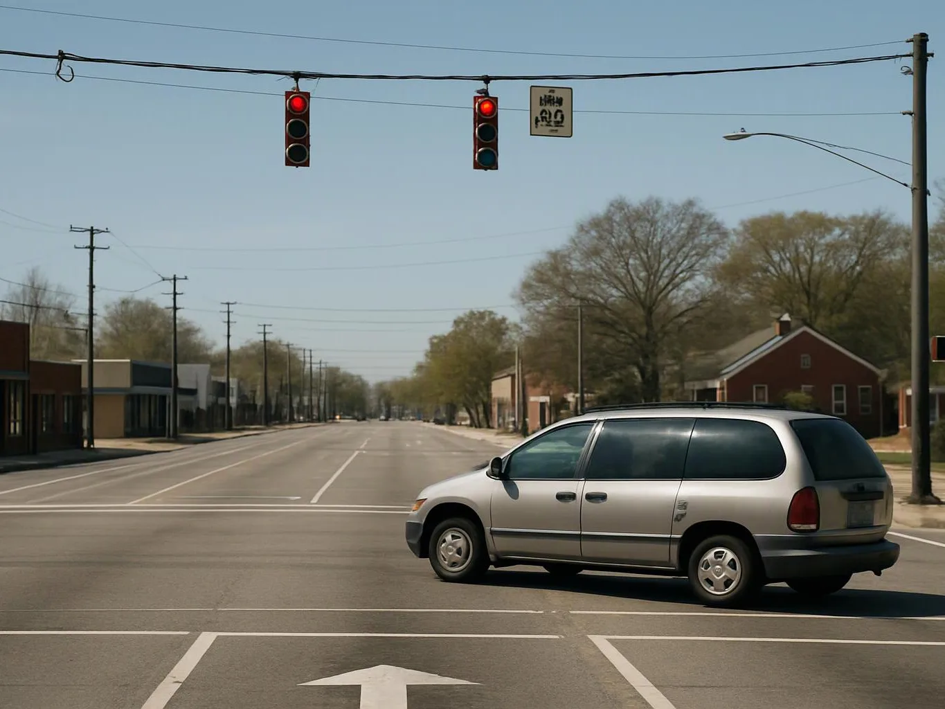 A silver minivan waits at a red light on a wide empty street with trees and low buildings