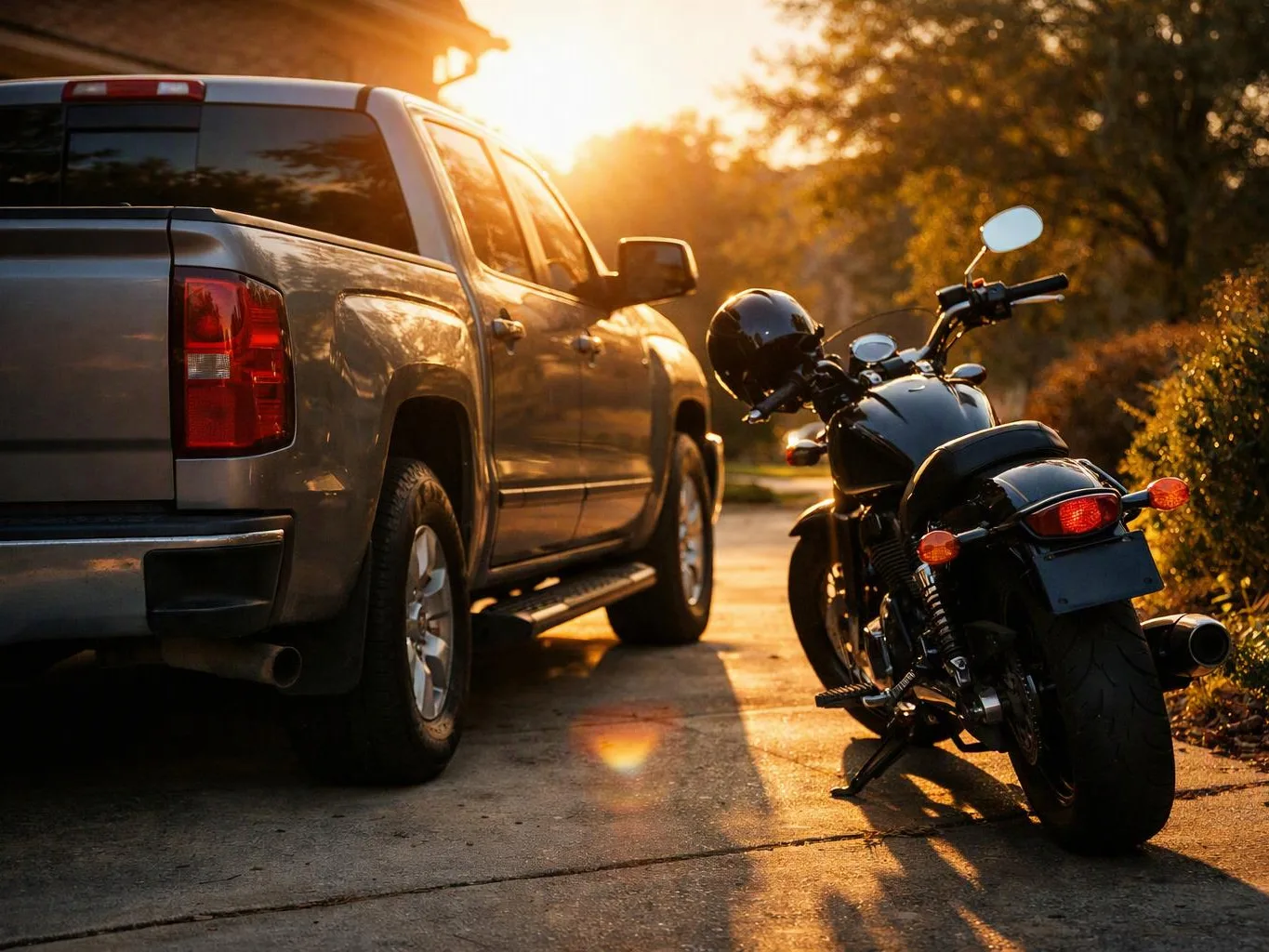 A silver pickup truck and black motorcycle sit parked side by side on a sunlit driveway at sunset