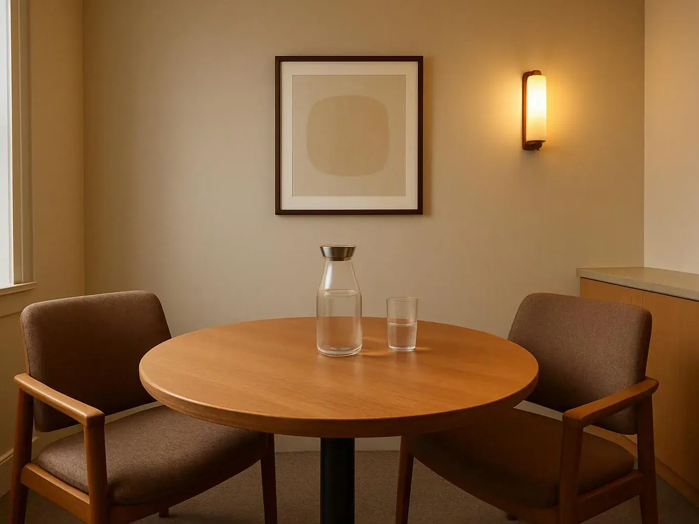 A small beige room has a round wooden table, two chairs, a water carafe, a glass, and wall art beneath a lit sconce
