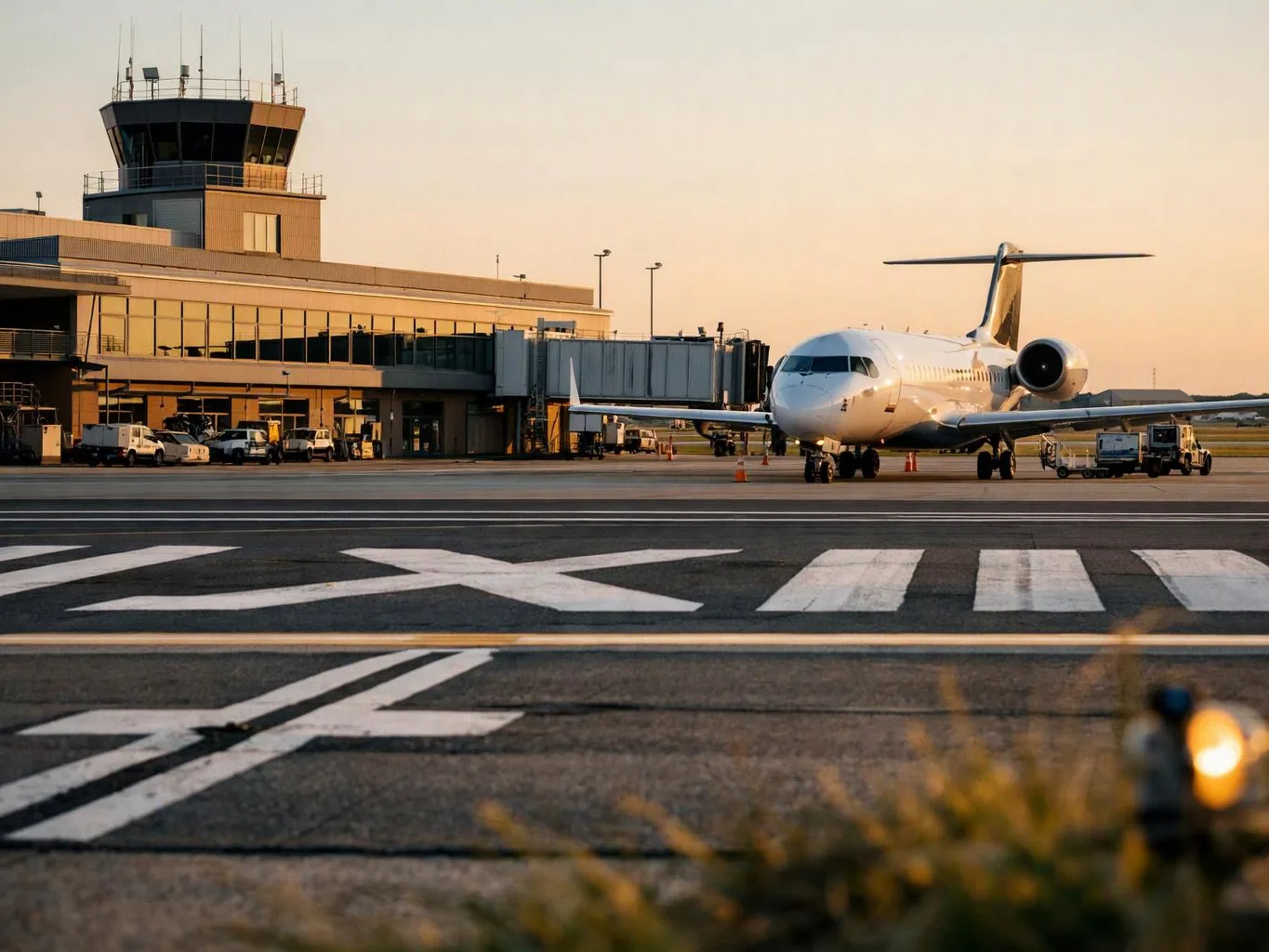 A small jet sits on the runway beside an airport terminal at sunset