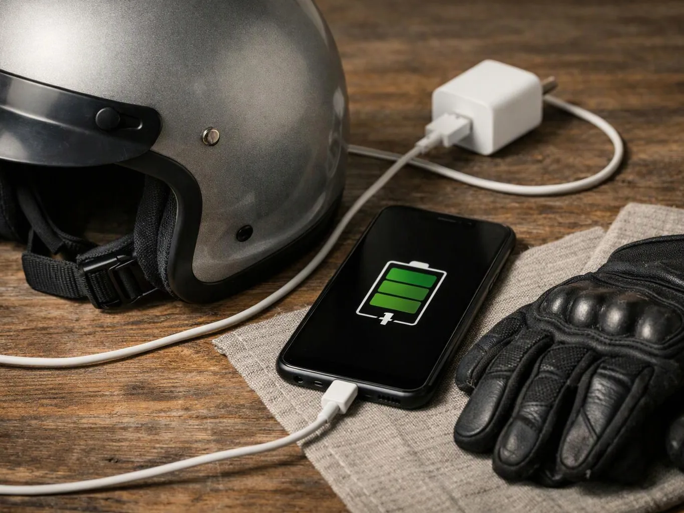 A smartphone shows a full battery icon beside a helmet, gloves, and charging cable on a wooden table