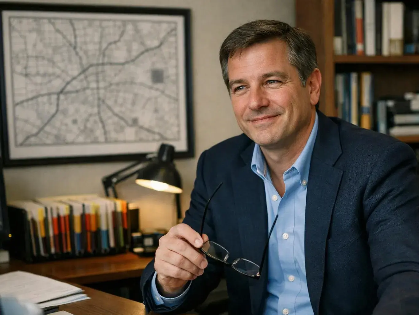 A smiling man in a blazer holds eyeglasses at a desk in an office with books, a lamp, and a framed map