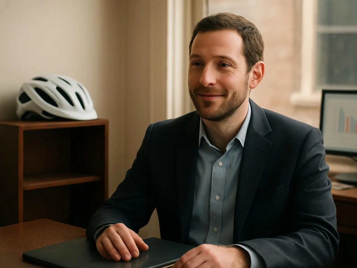 A smiling man in a blazer sits at a desk in a bright office, with a bicycle helmet on a shelf nearby